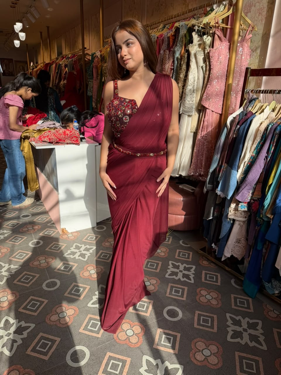 Draped Saree with Embellished Bustier Blouse
