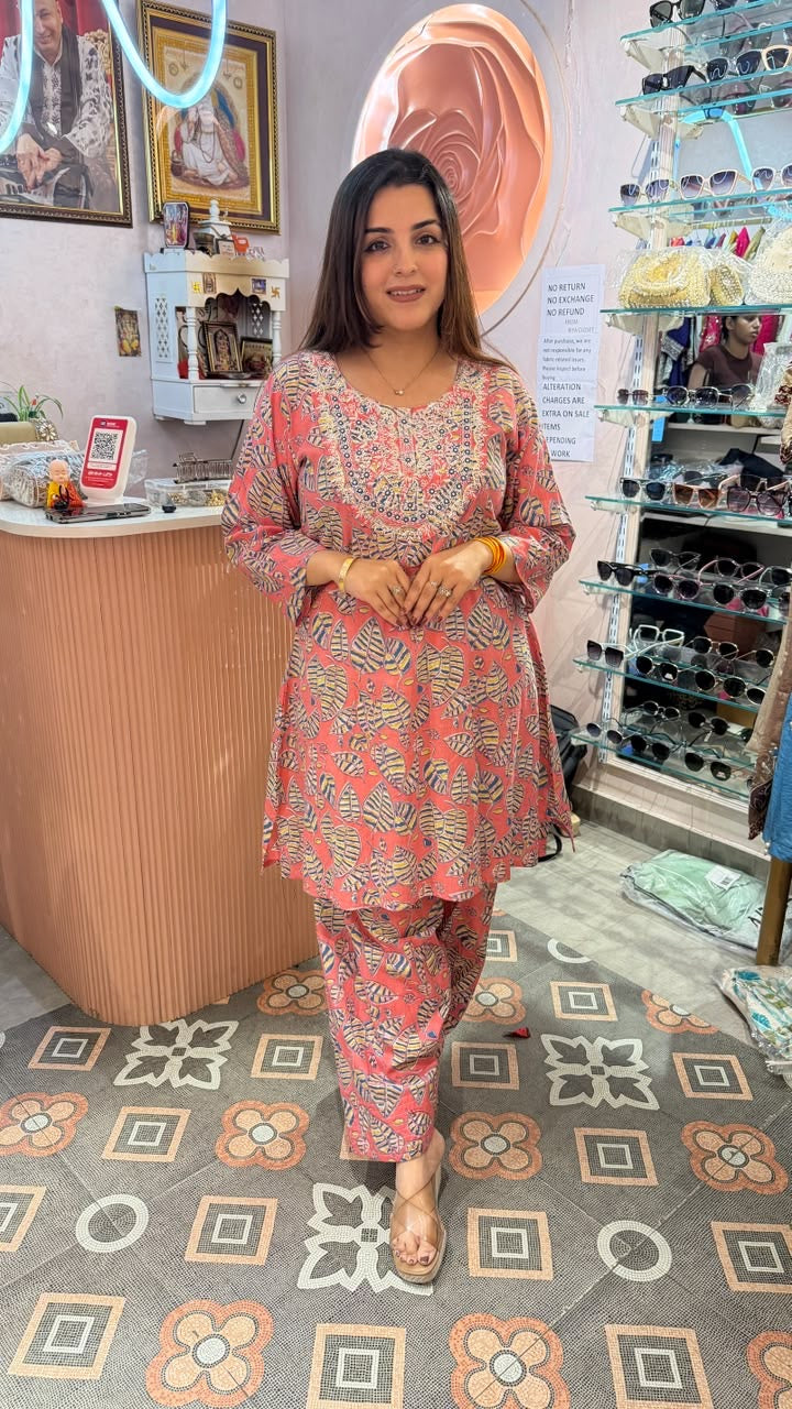 Coral Printed Straight Kurta with Printed Pants Set