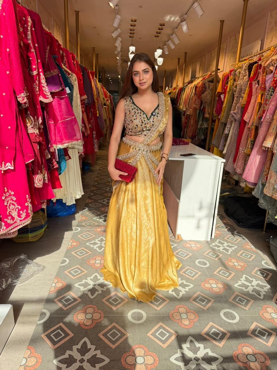 Designer Golden Lehenga with Embellished Crop Blouse and Draped Dupatta