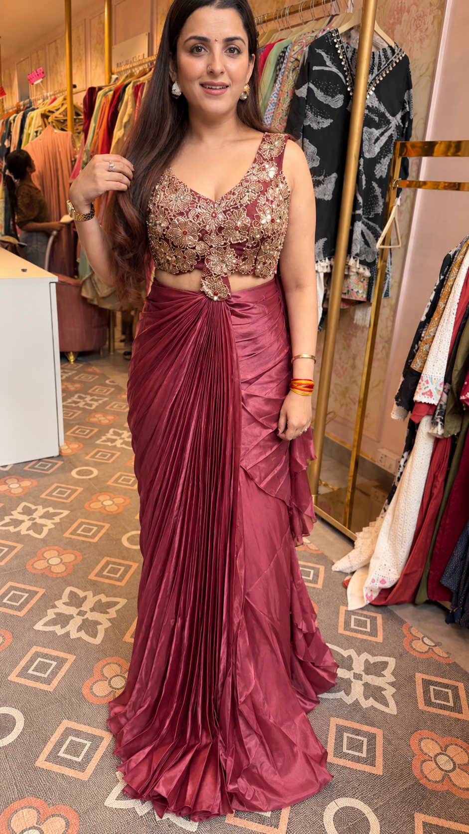Draped Pre-Pleated Saree with Embellished Blouse
