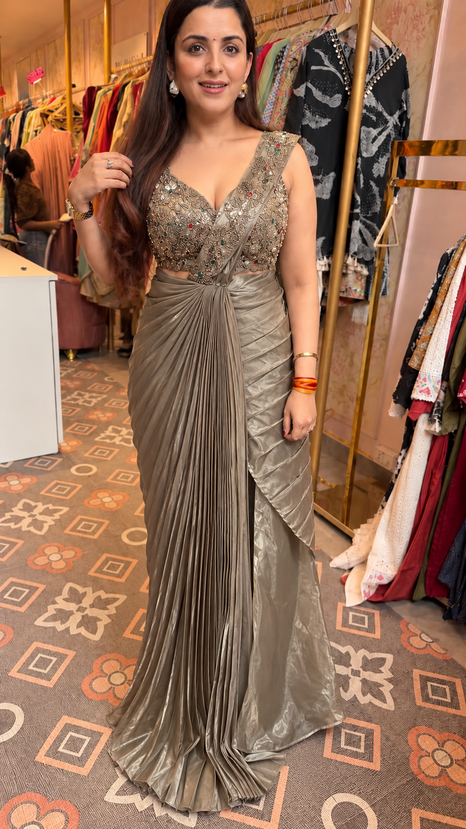 Draped Pre-Pleated Saree with Embellished Blouse