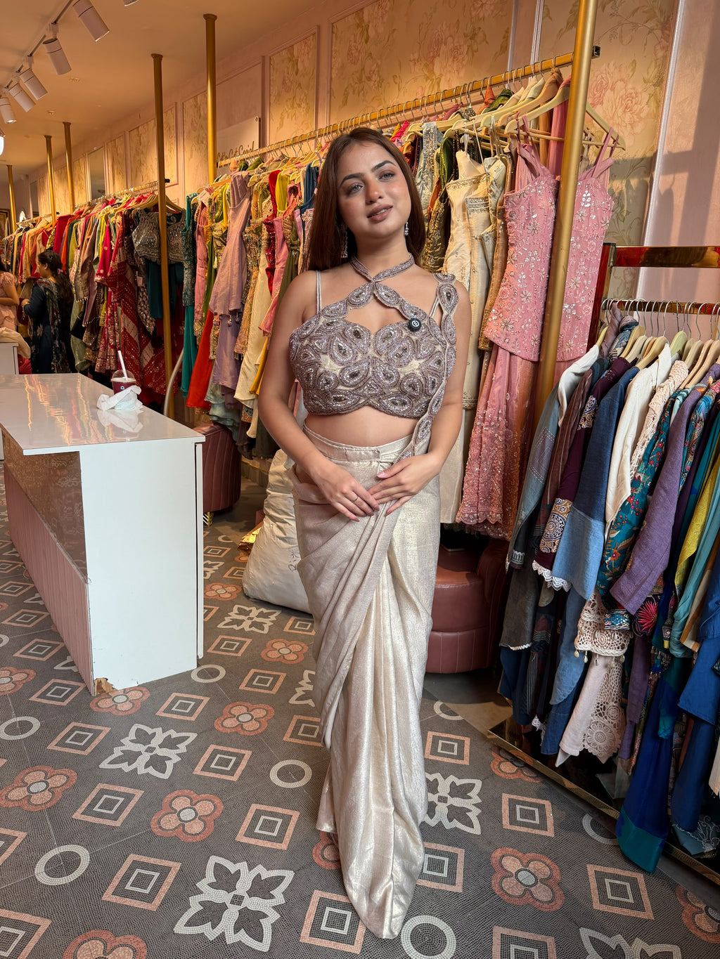 Silver Champagne Draped Saree with Embellished Halter-Neck Blouse