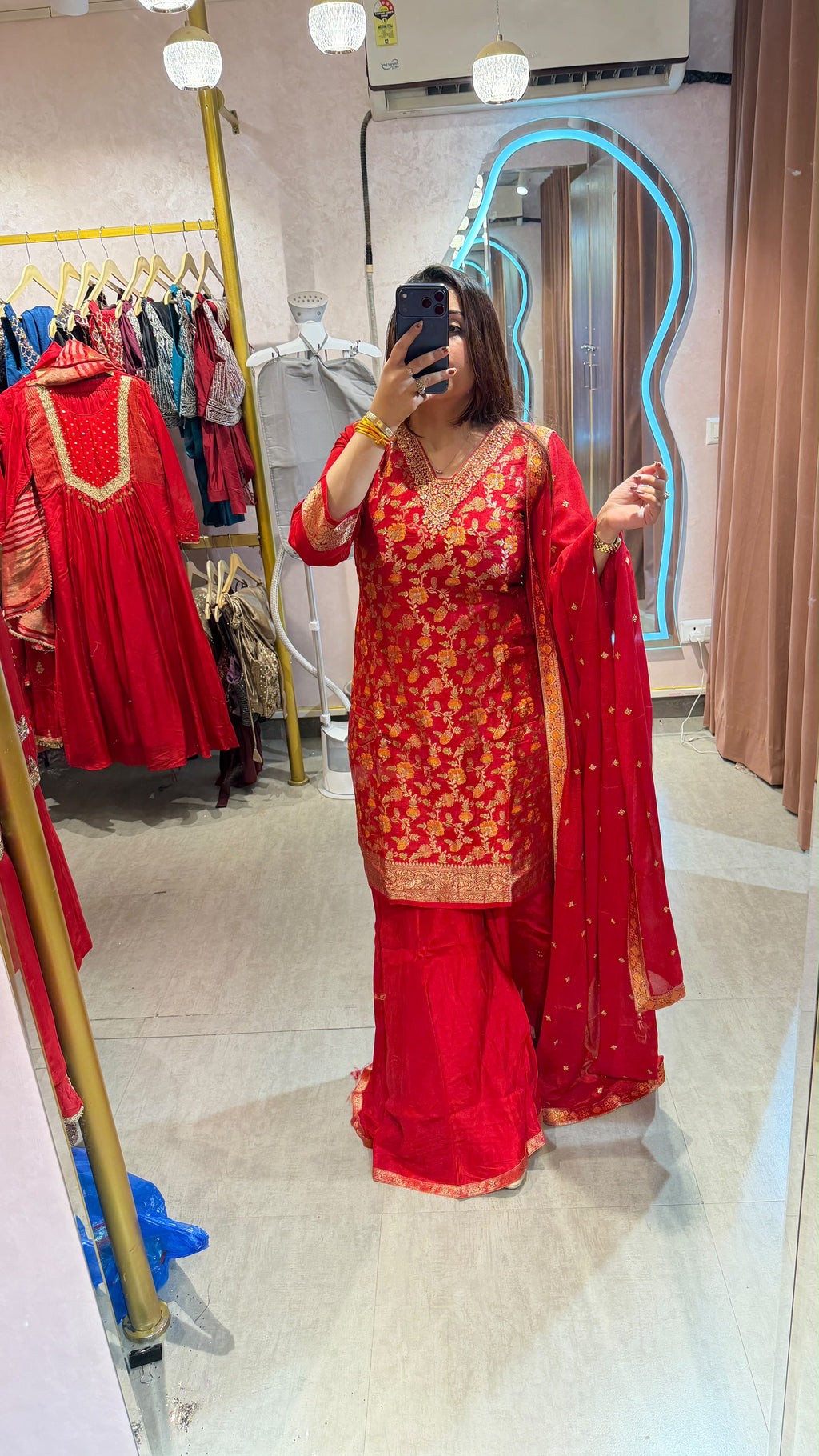 Red & Gold Embroidered Punjabi Suit with Flared Palazzo