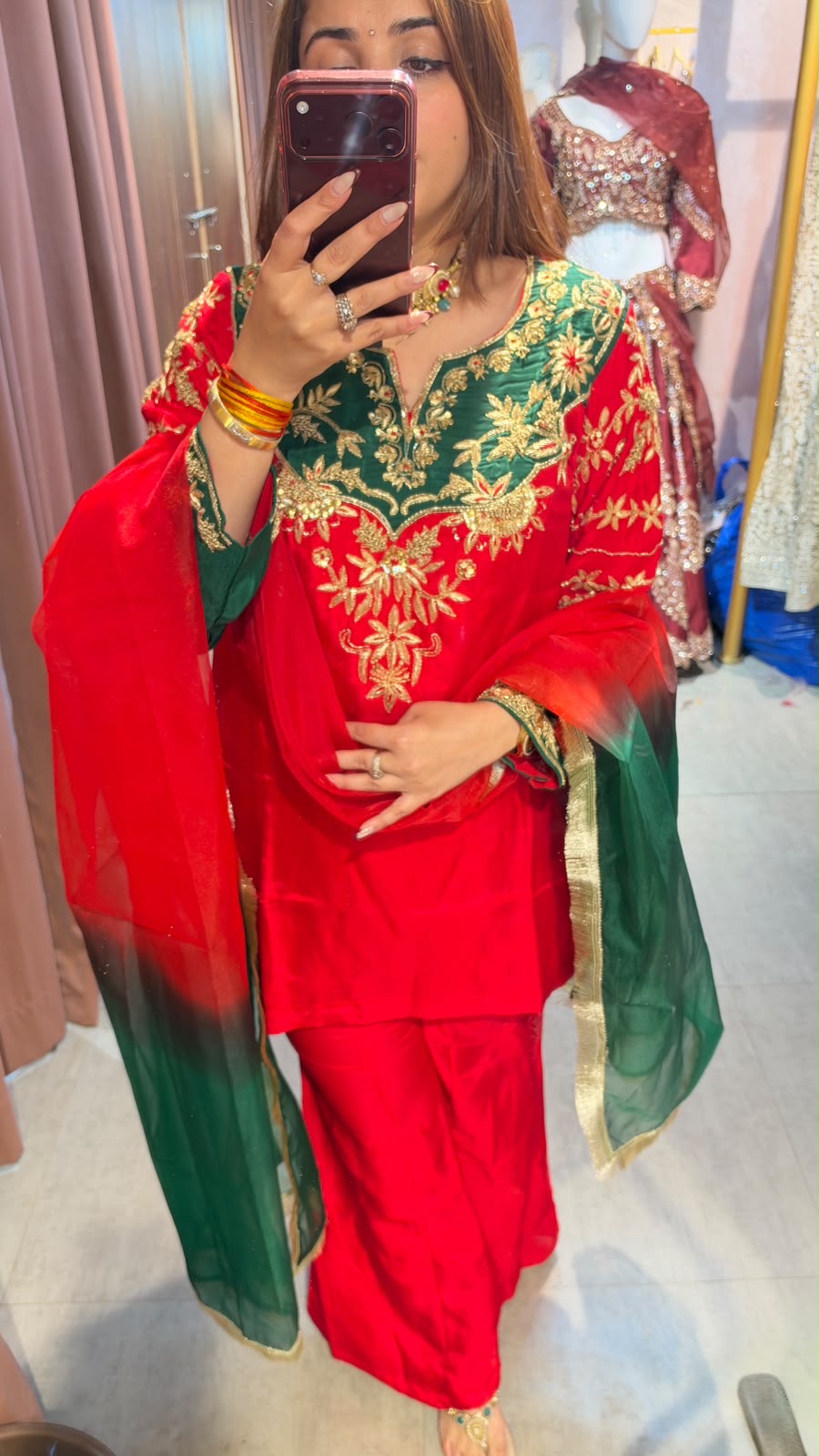 Red and Bottle Green Embroidered Punjabi Suit with Contrast Dupatta