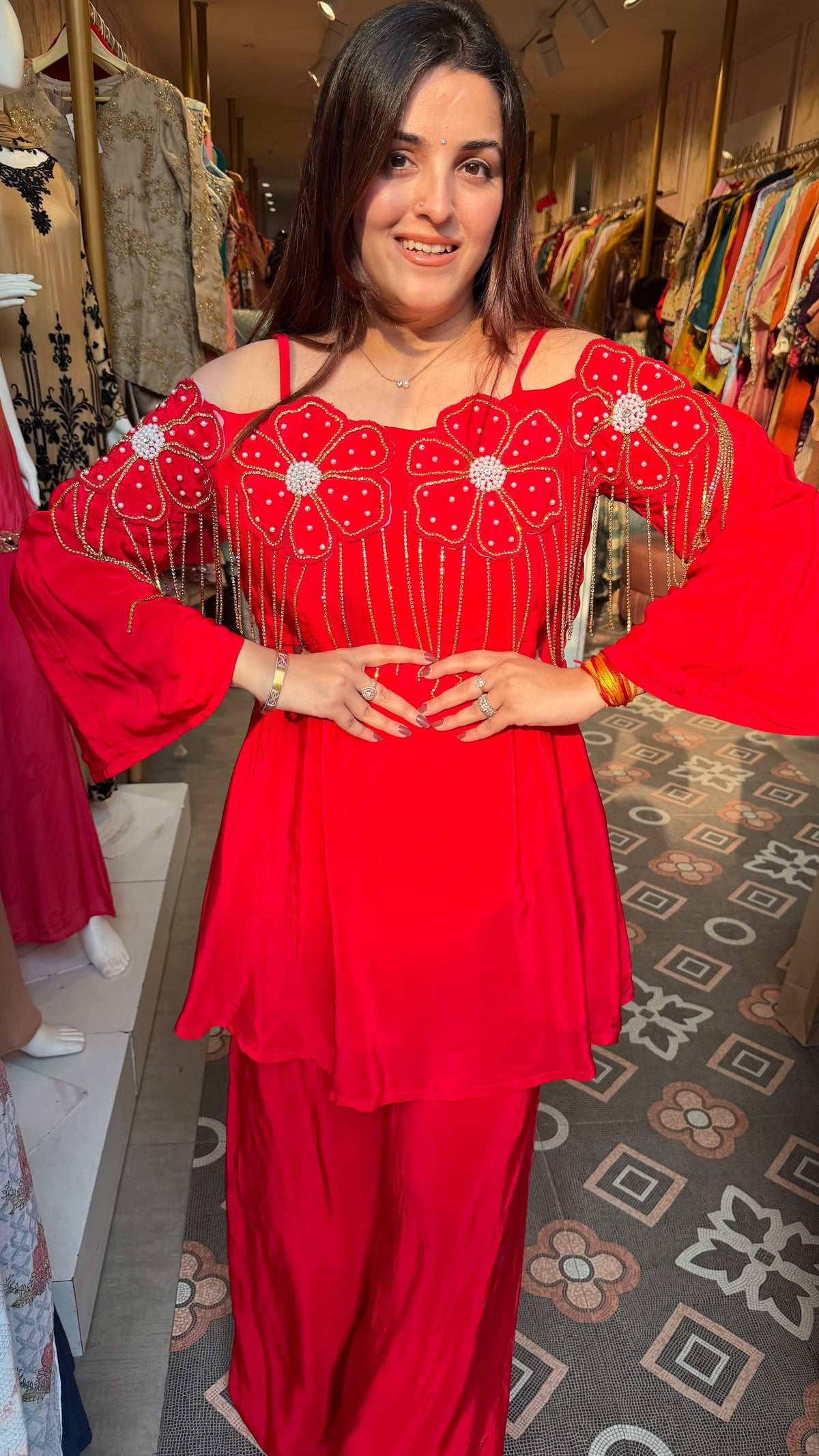 Off-Shoulder Embellished Peplum Sharara Set