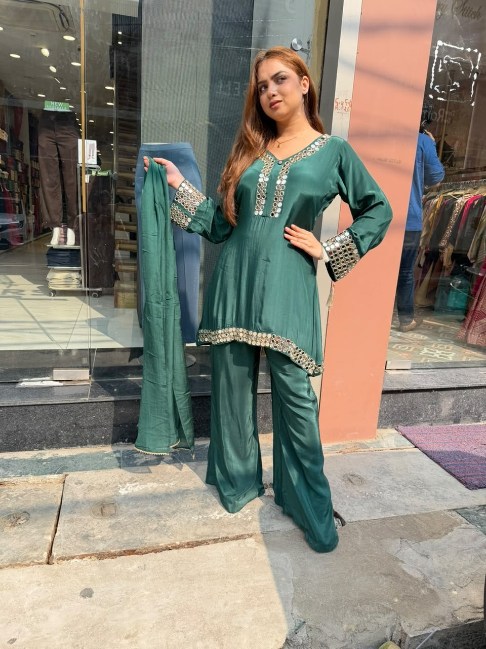 Emerald Green Mirror Work Palazzo Suit Set