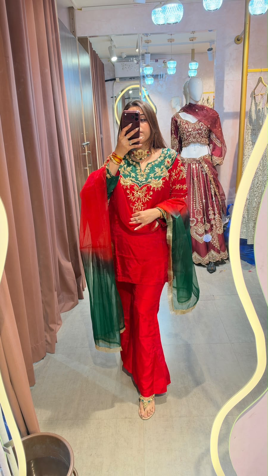 Red and Bottle Green Embroidered Punjabi Suit with Contrast Dupatta