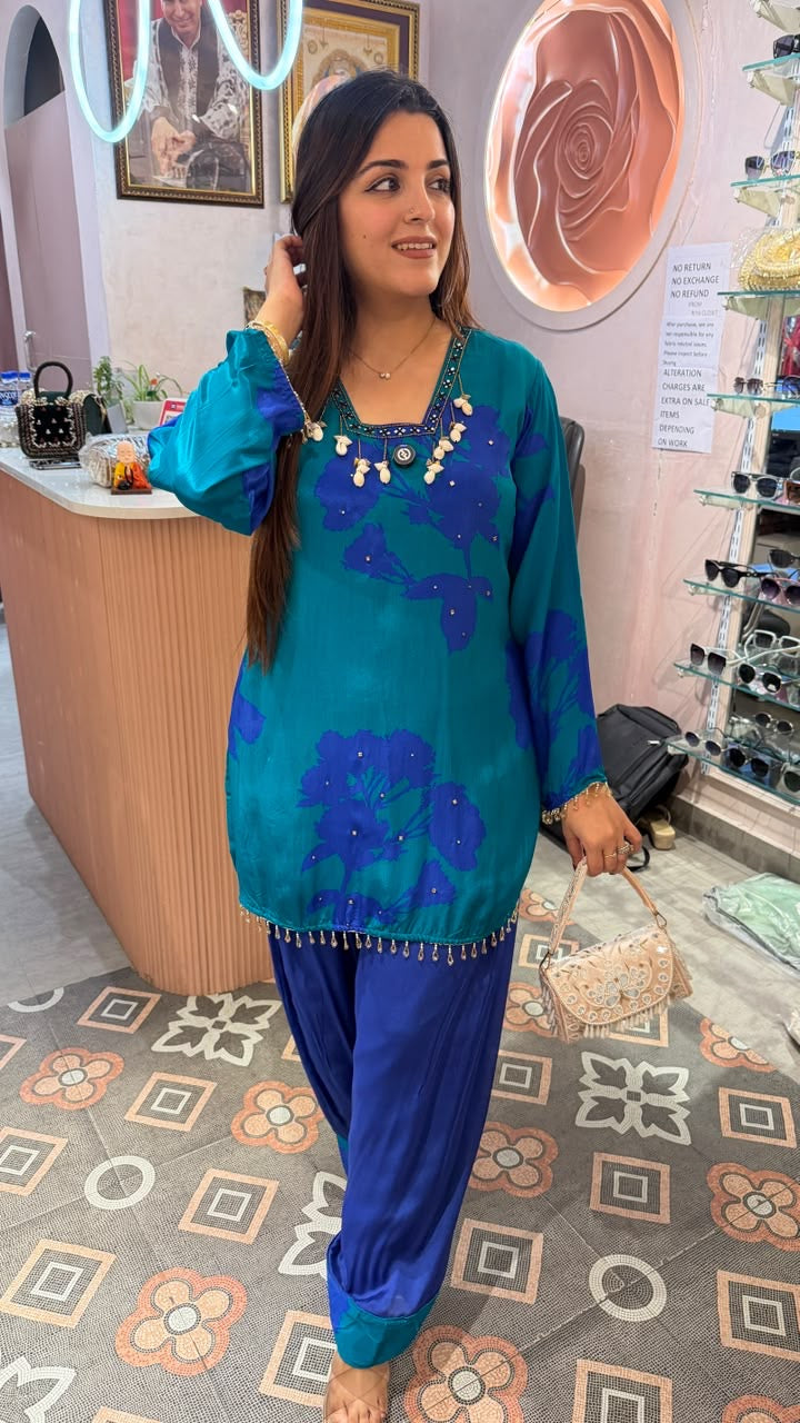 Turquoise Blue Printed Short Kurti with Patiala Salwar Set
