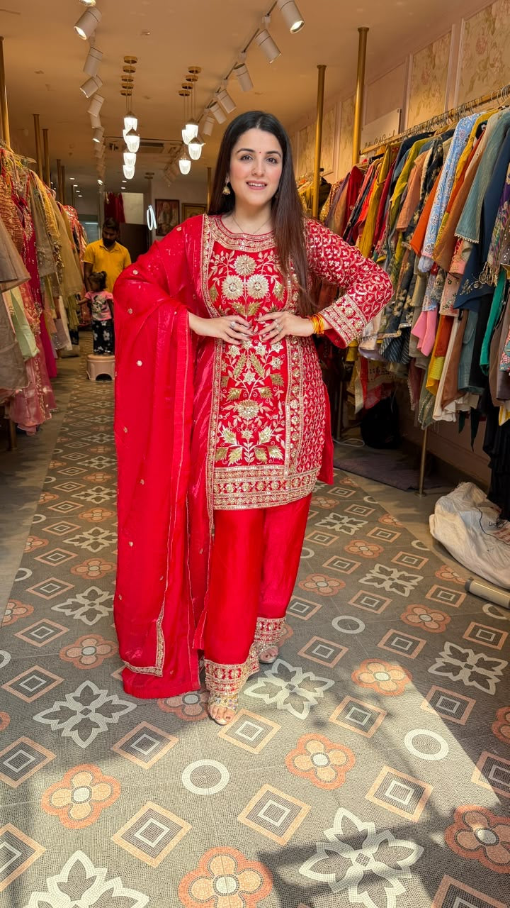Fuchsia Embroidered Straight Kurta with Palazzo Pants & Dupatta