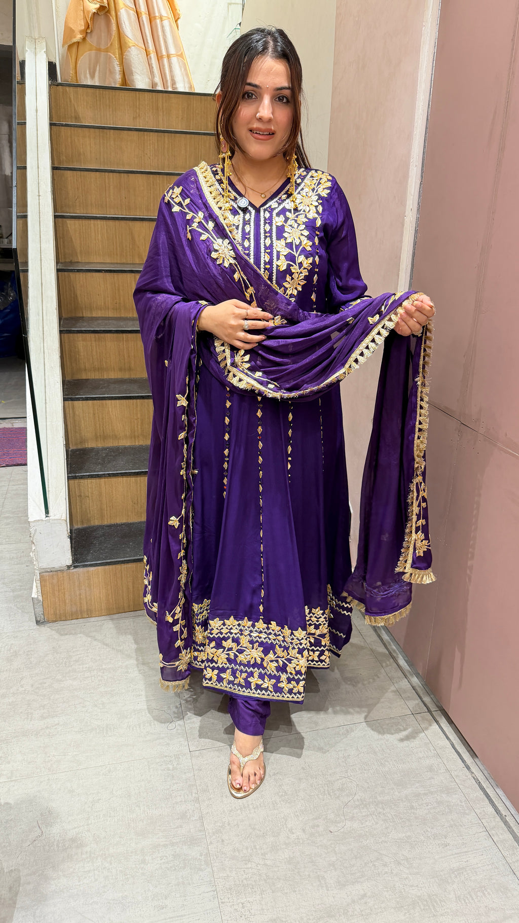 Royal Purple Gota Patti Embroidered Anarkali Suit Set with Dupatta