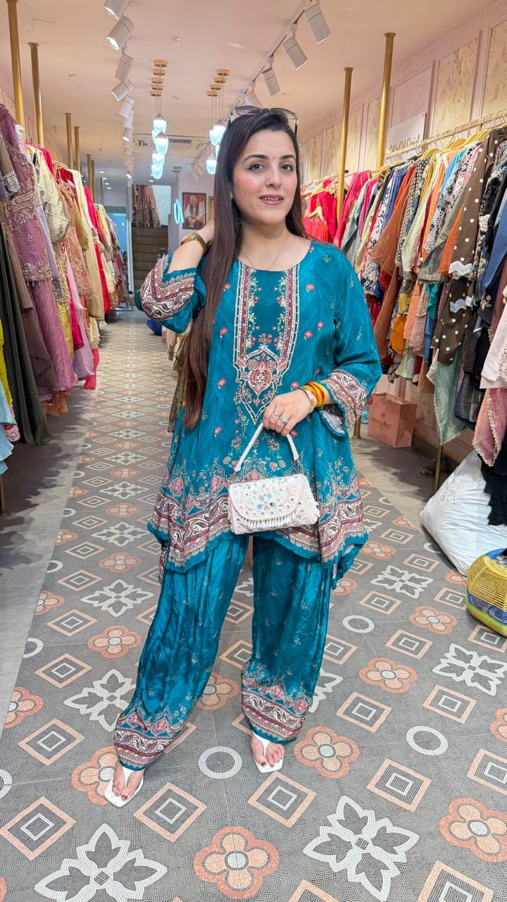 Teal Blue Printed Punjabi Patiala Suit Set