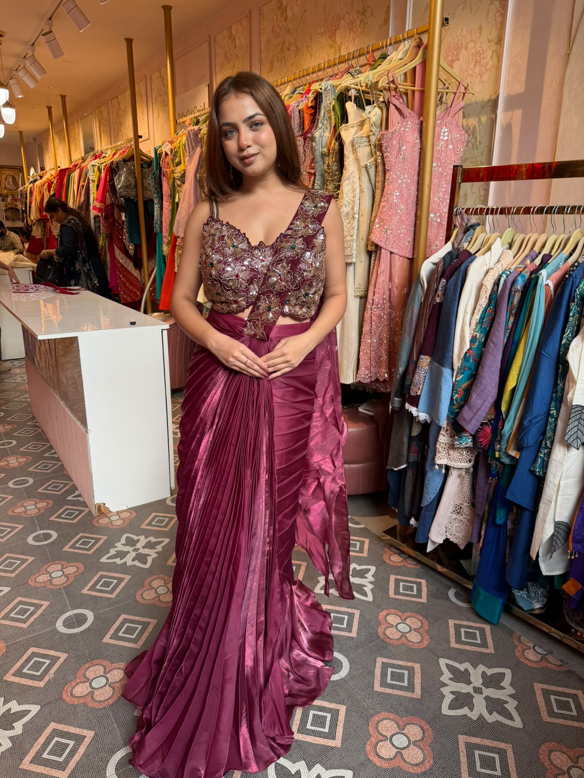 Draped Pre-Pleated Saree with Embellished Blouse