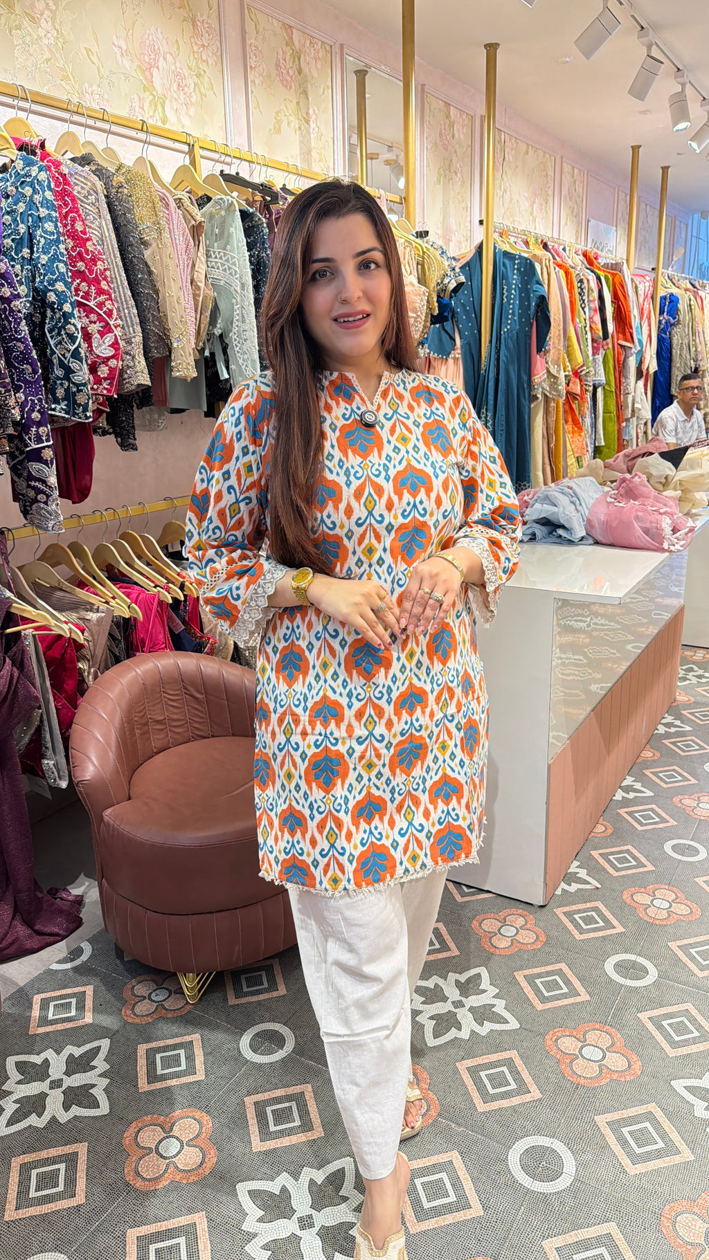 Orange & Blue Ikat Print Cotton coord set