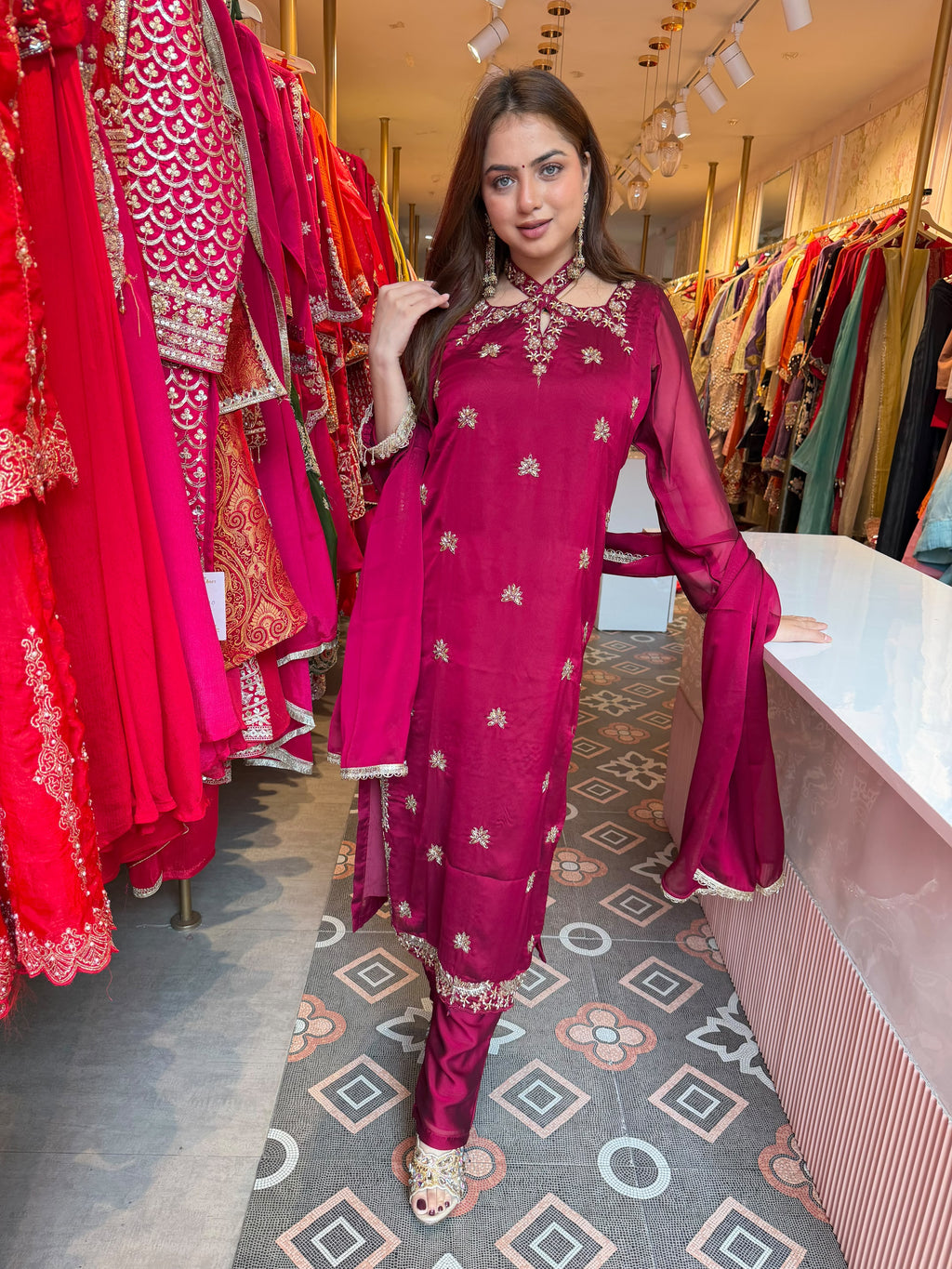 Wine Magenta Embroidered Straight-Cut Suit Set