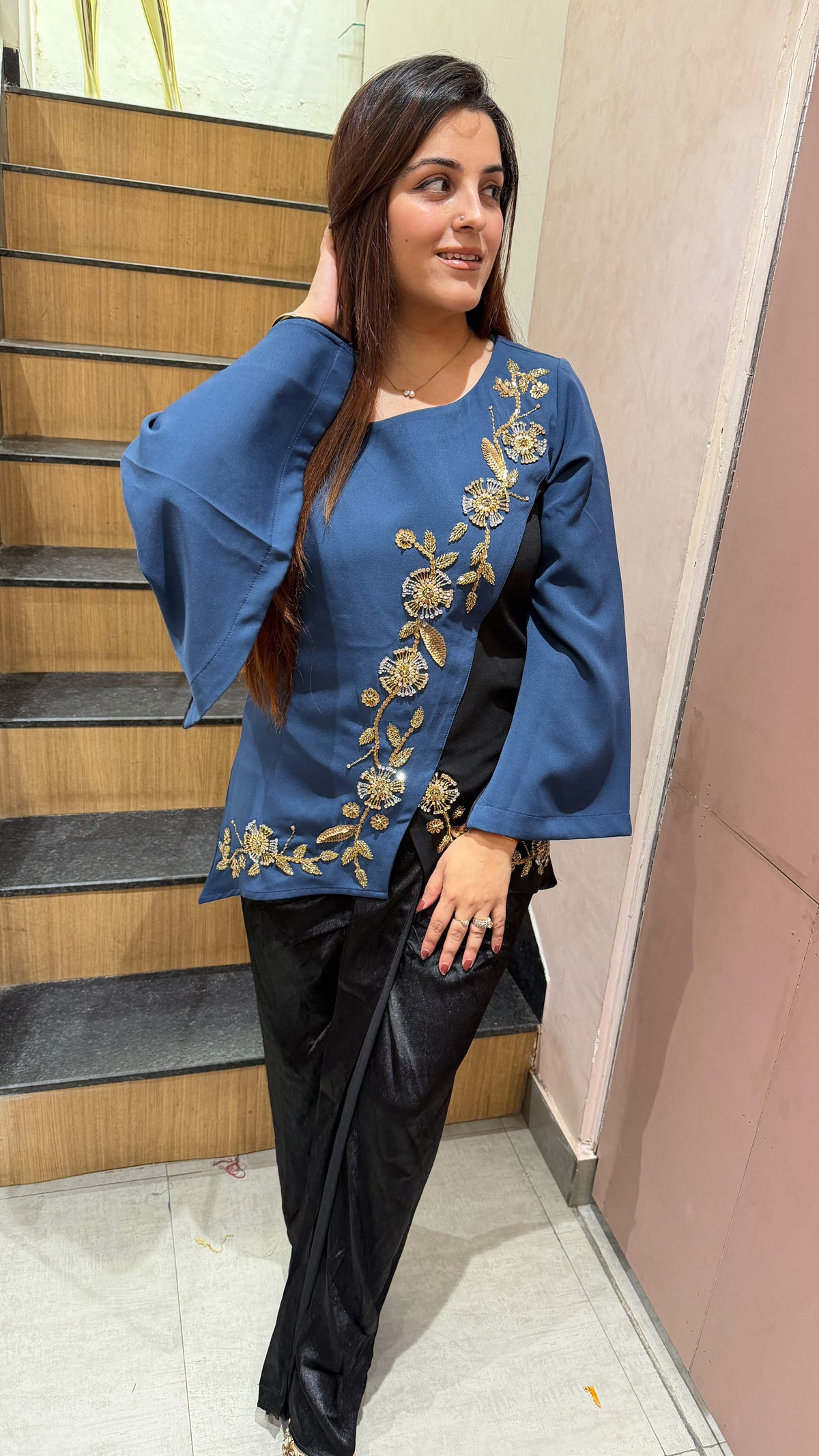 Black Embroidered Peplum Co-ord Set