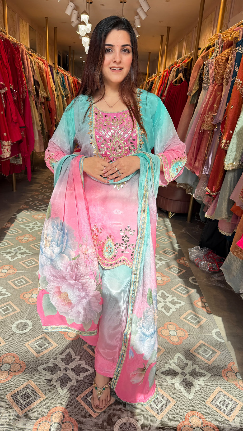 Elegant pink and blue shaded glass tissue ethnic suit