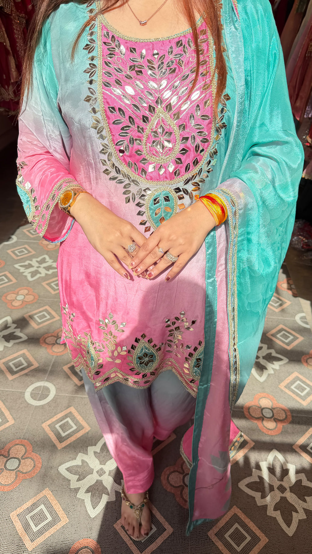 Elegant pink and blue shaded glass tissue ethnic suit