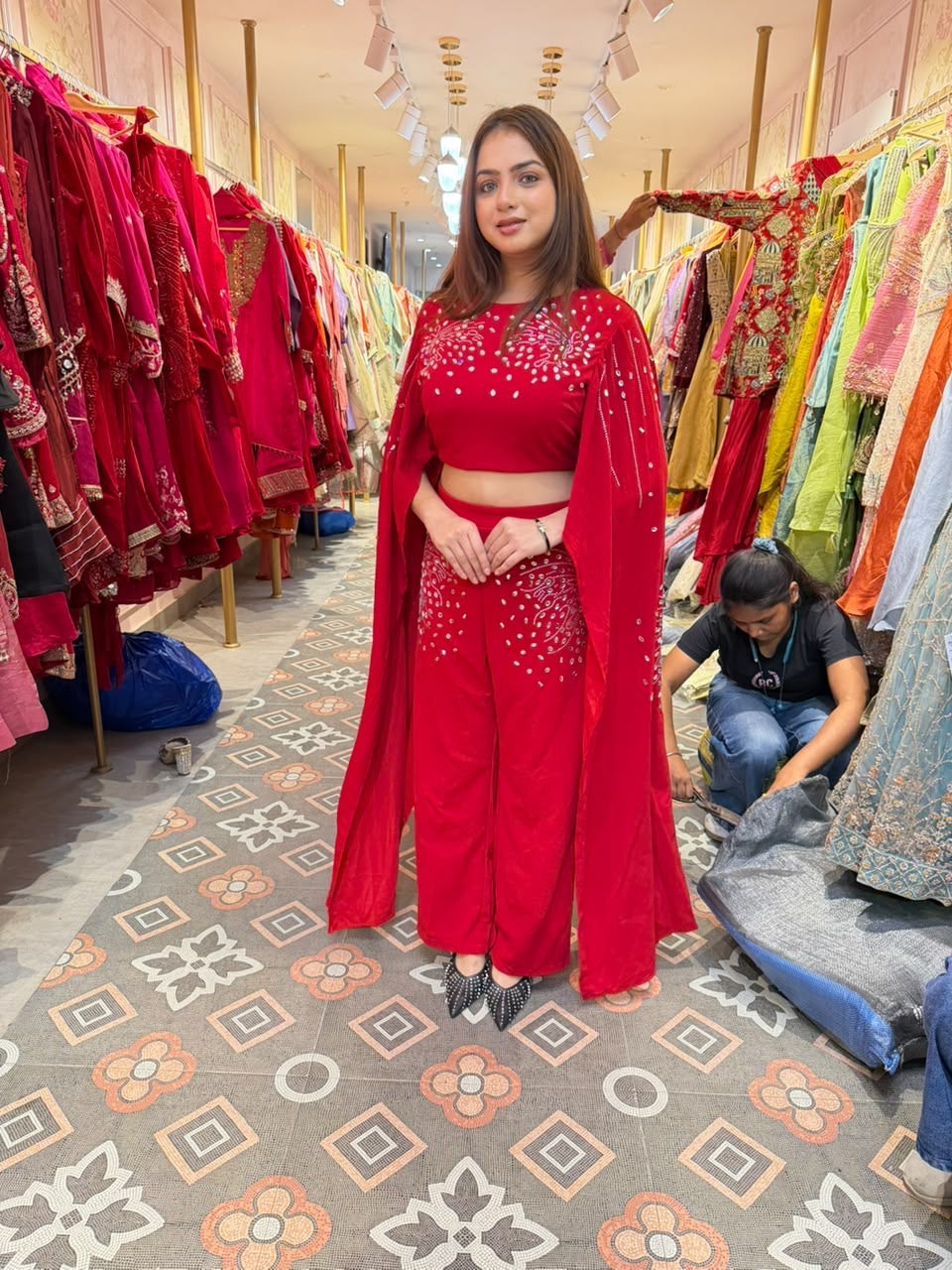 Stylish Embroidered Crop Top with Pant & Cape Indo-Western Co-Ord Set