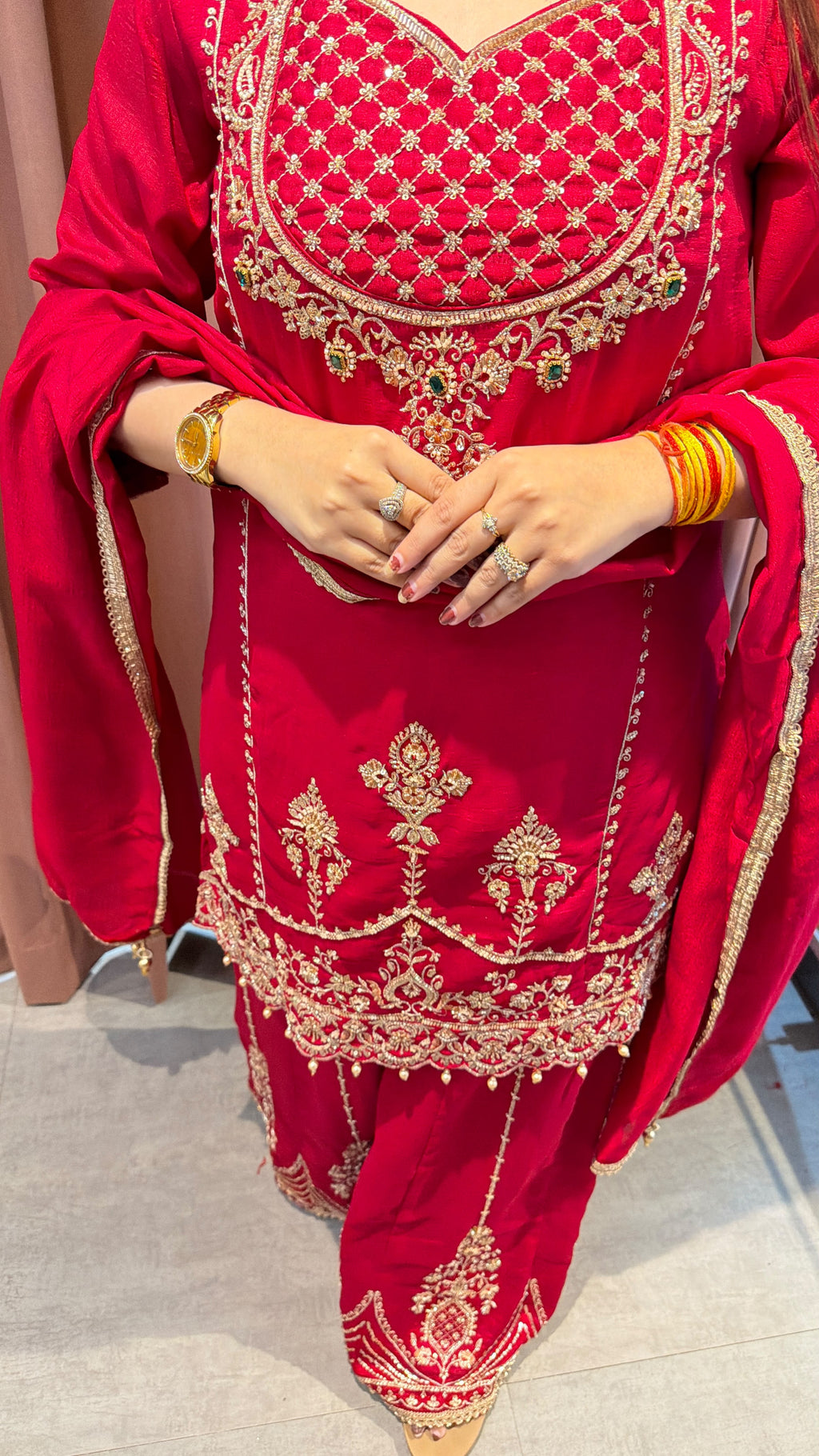 Embroidered Red Velvet-Style Peplum Gharara Set