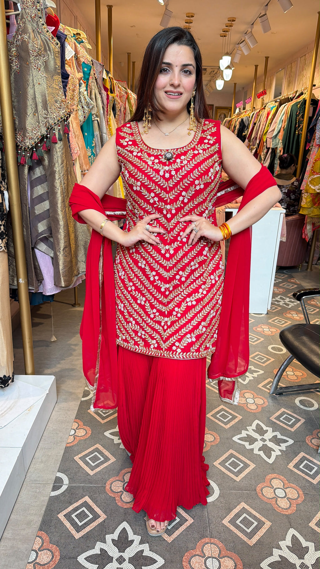 Red Embroidered Straight Kurta with Pleated Palazzo Pants & Dupatta Set
