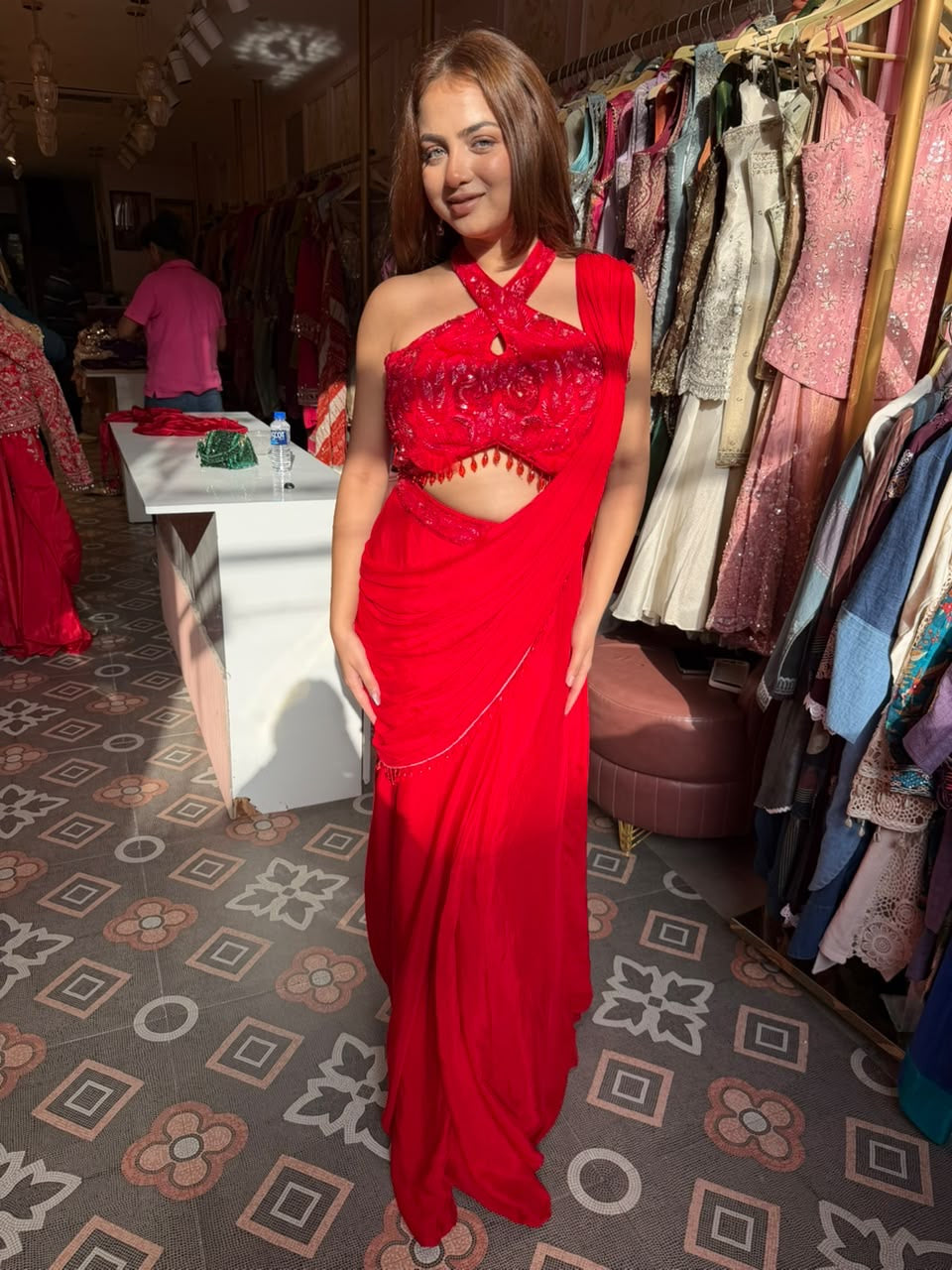 Red Draped Saree with Embellished Halter Crop Blouse