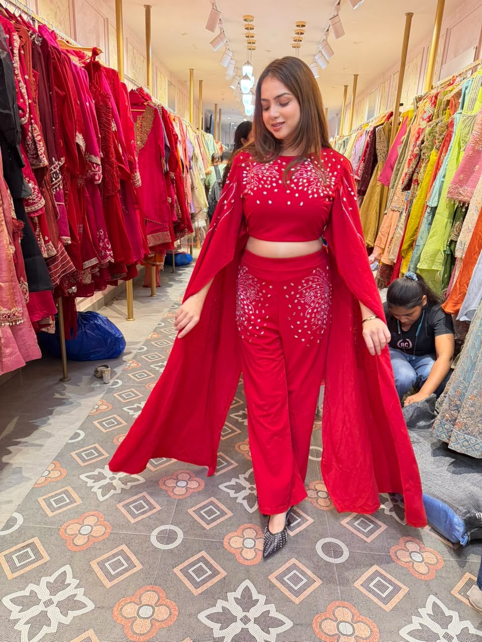 Stylish Embroidered Crop Top with Pant & Cape Indo-Western Co-Ord Set