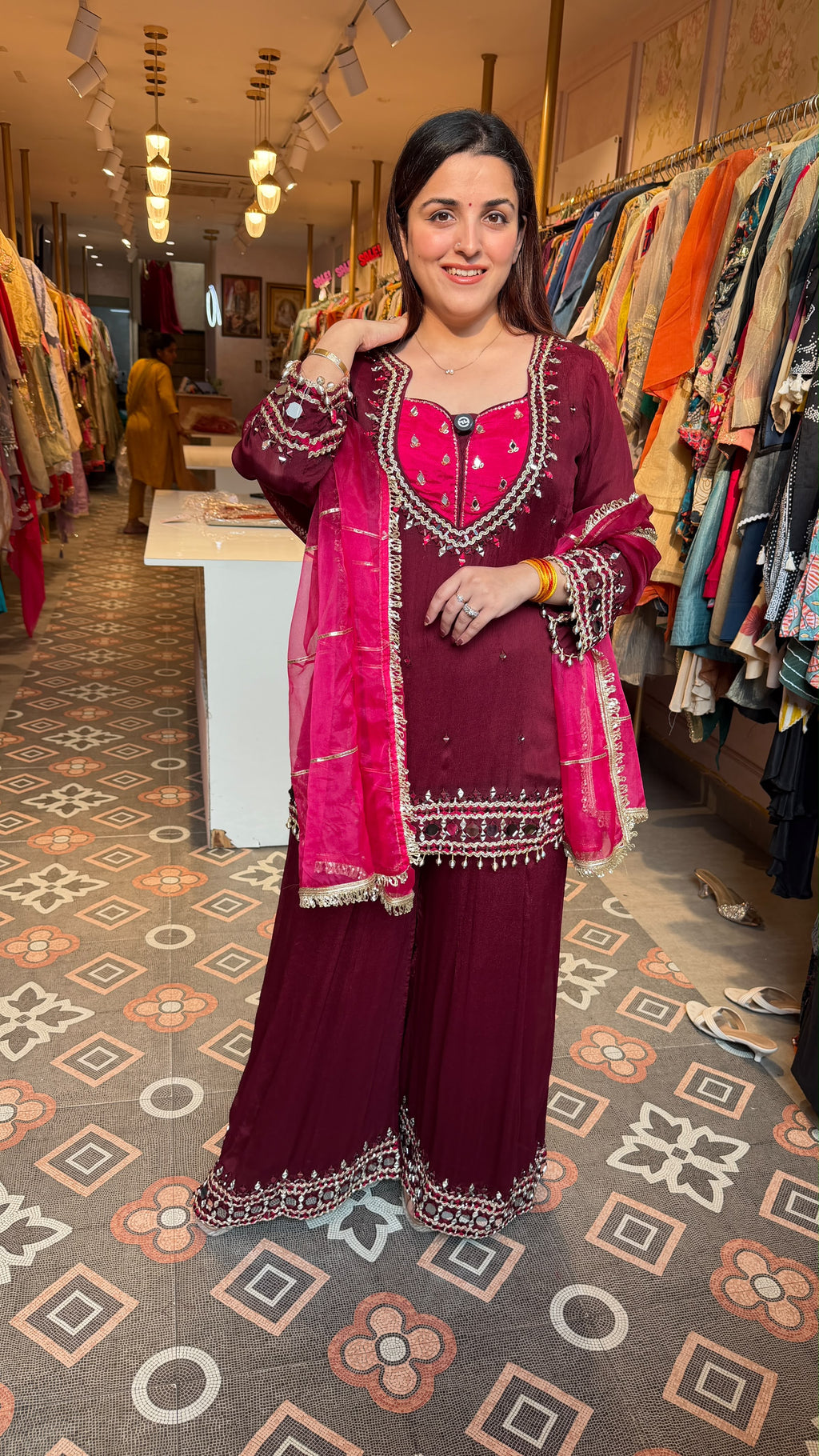 Mahogany Embroidered Straight Kurta with Palazzo Pants & Dupatta Se