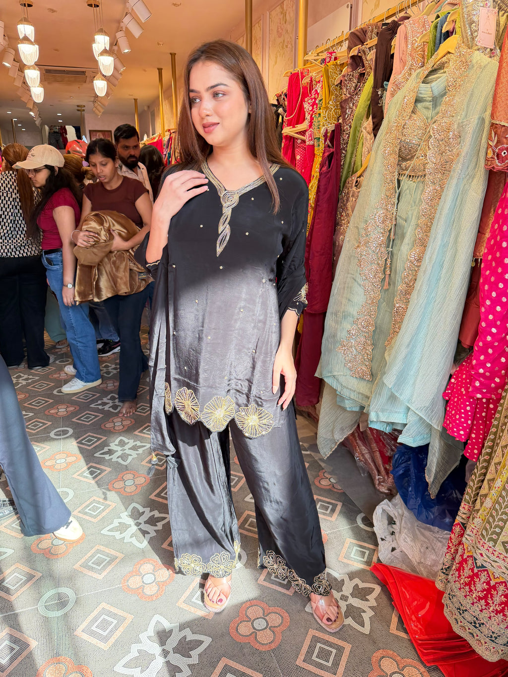 Elegant Black Charcoal Embroidered Straight-Cut Suit Set