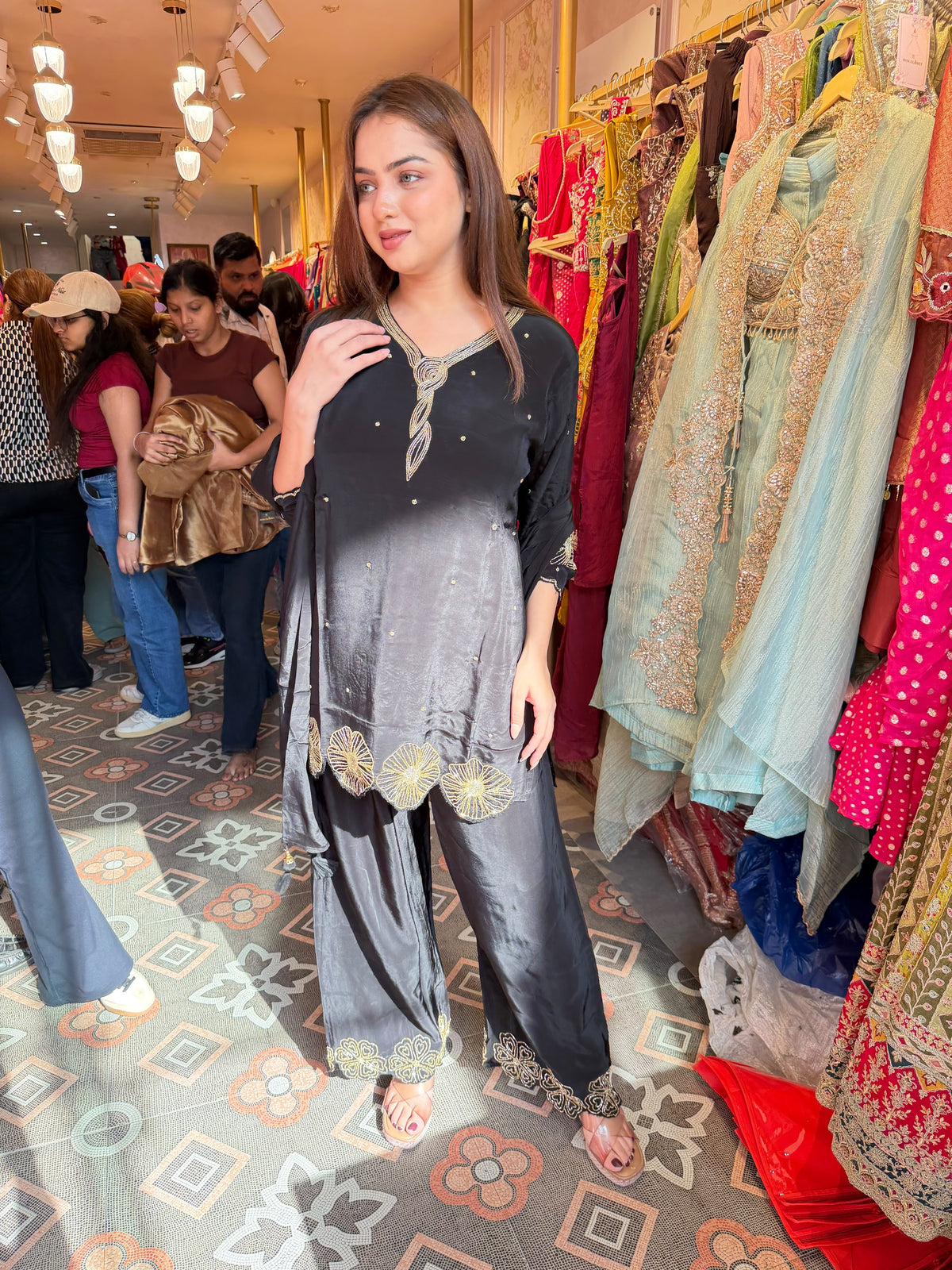 Elegant Black Charcoal Embroidered Straight-Cut Suit Set