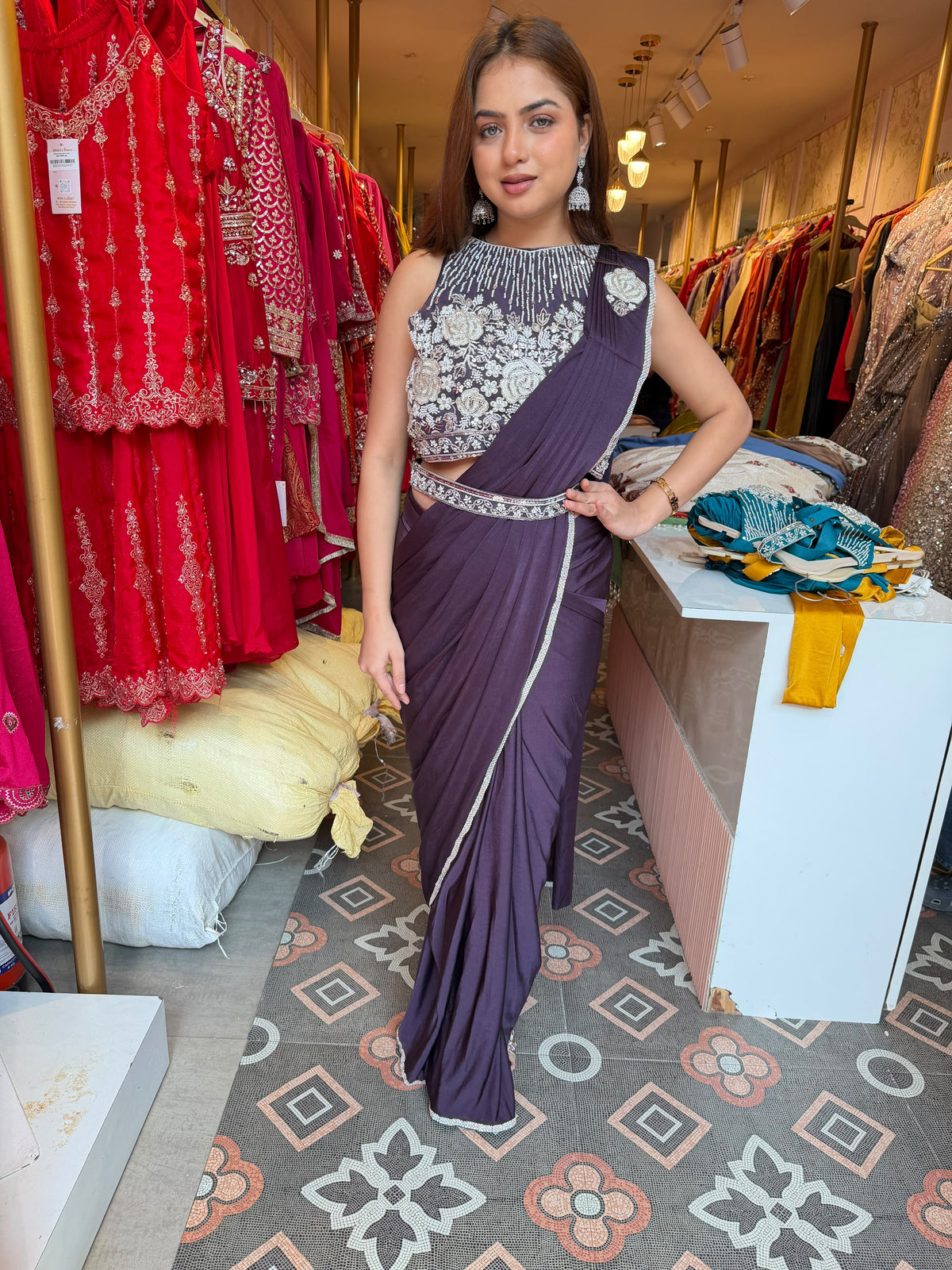 Royal  Pre-Draped Saree with Silver Embroidered Blouse