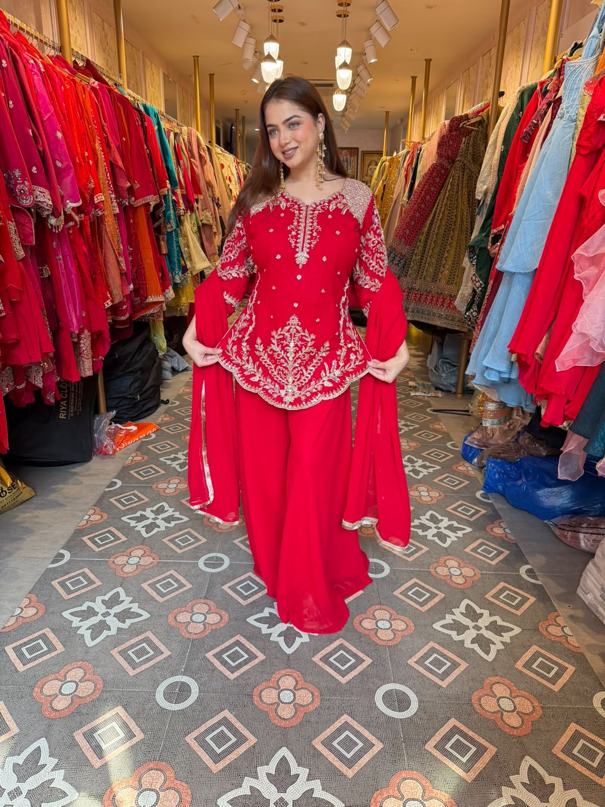 Elegant Red Embroidered Straight-Cut Suit with Sharara