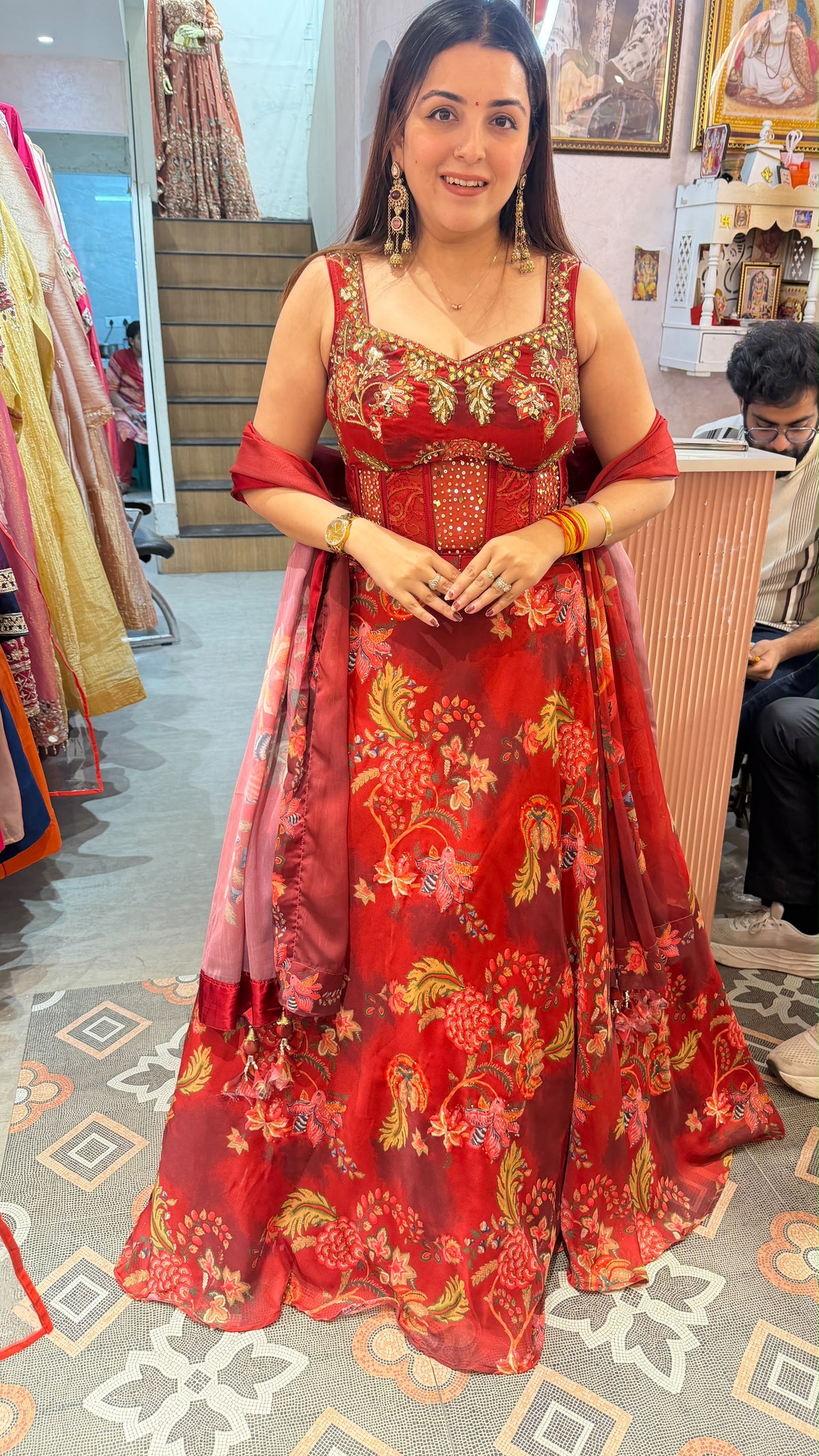 Cherry Red Floral Printed Indo-Western Anarkali Gown