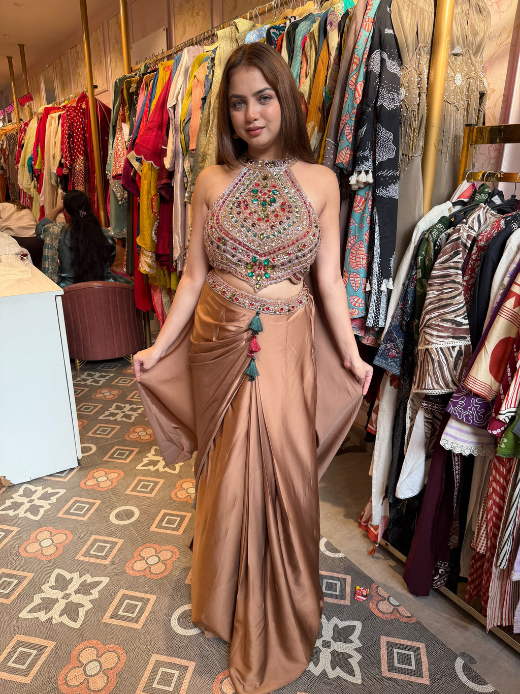 Embellished Halter-Neck Crop Top with Draped Palazzo Pants