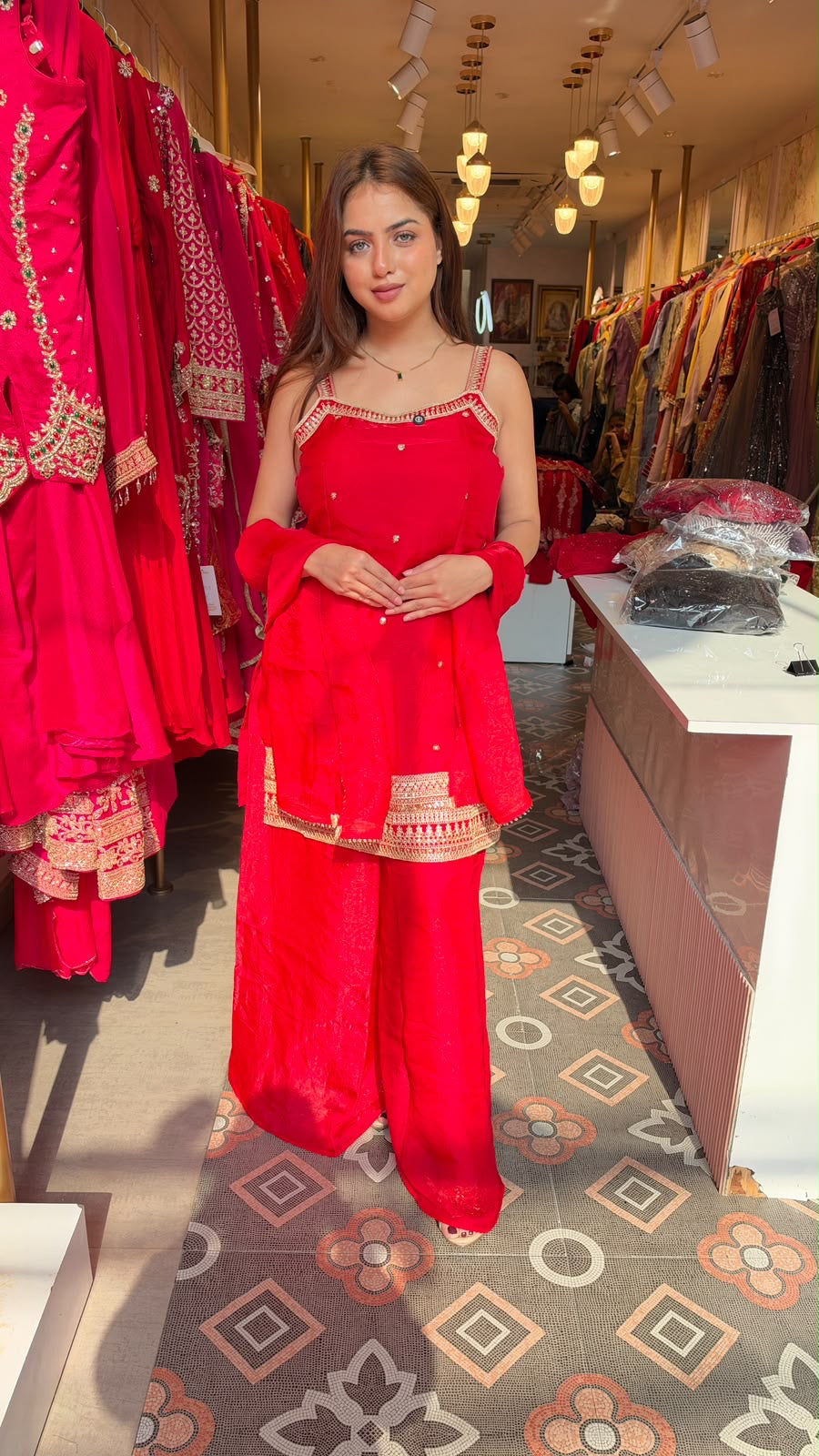 Red Punjabi Sleeveless Kurti with Palazzo suit