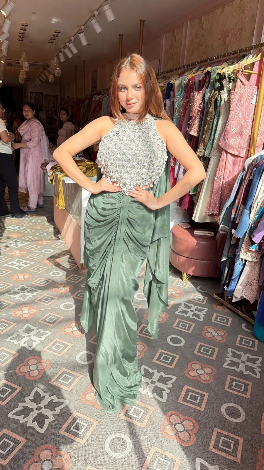 Draped Dhoti-Style Saree Set with Embellished Halter Top