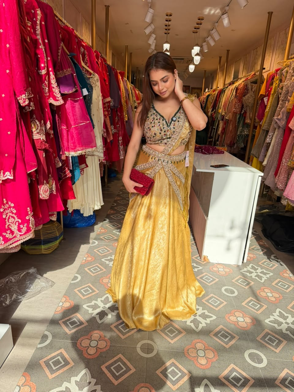 Designer Golden Lehenga with Embellished Crop Blouse and Draped Dupatta