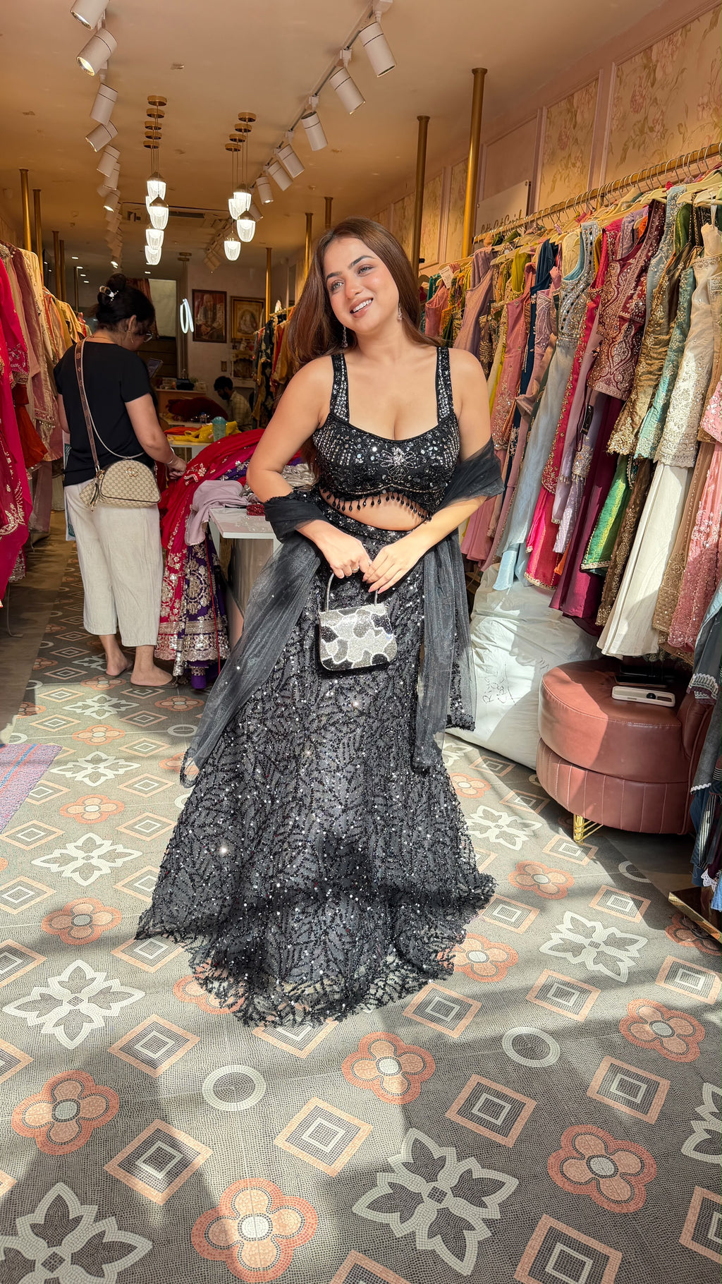 Black Sequin Mermaid Lehenga with Embellished Bustier & Sheer Dupatta