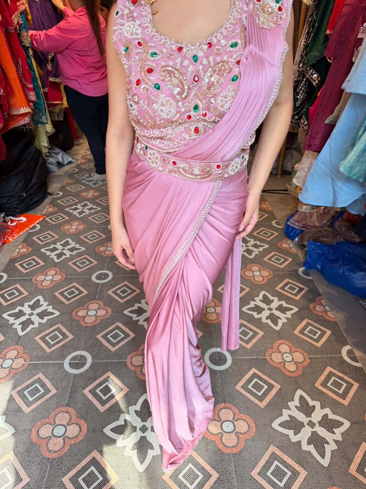 Pastel Pink Pre-Draped Saree with Embellished Sleeveless Blouse