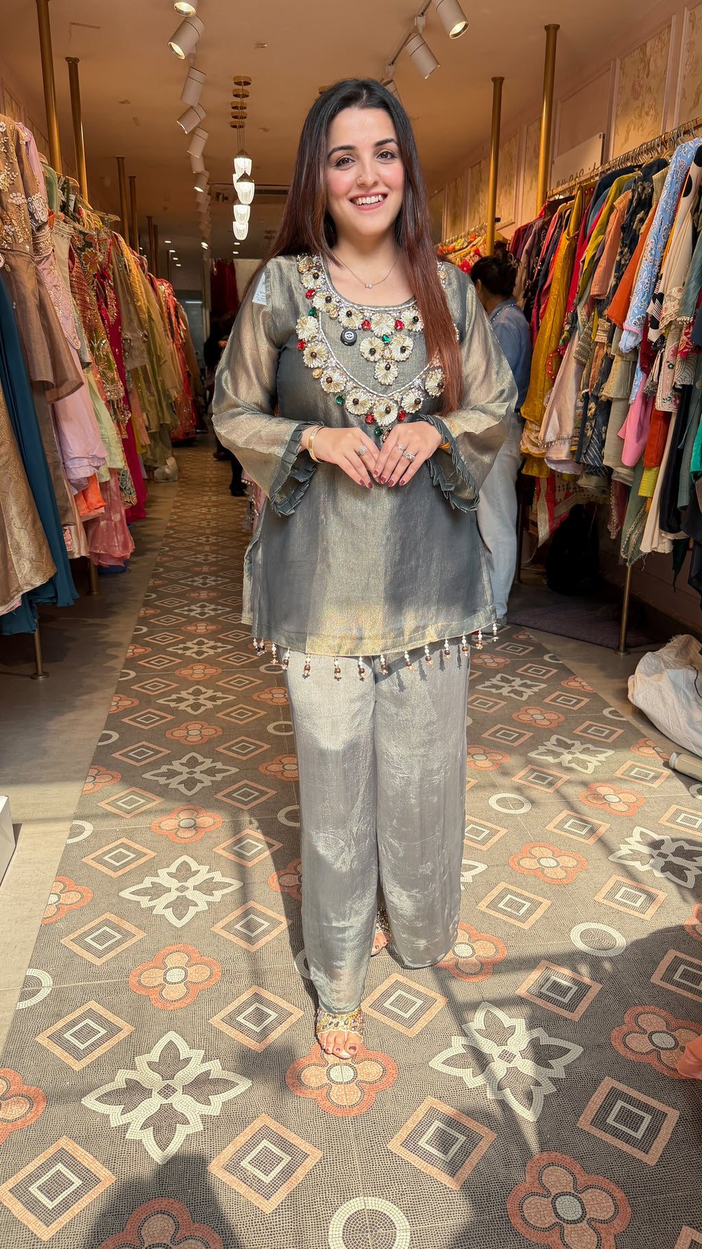 Silk Blend Peplum Kurta with Palazzo Pants Set