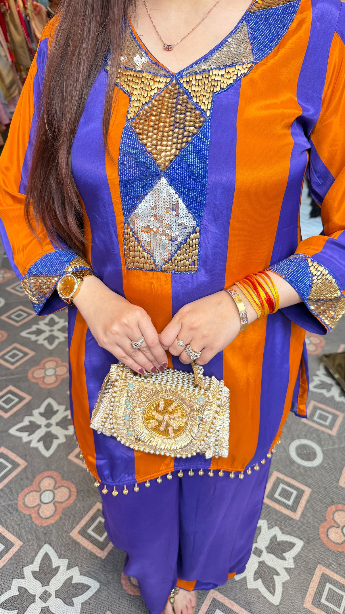 Royal Blue & Orange Contemporary Kurta–Palazzo Set