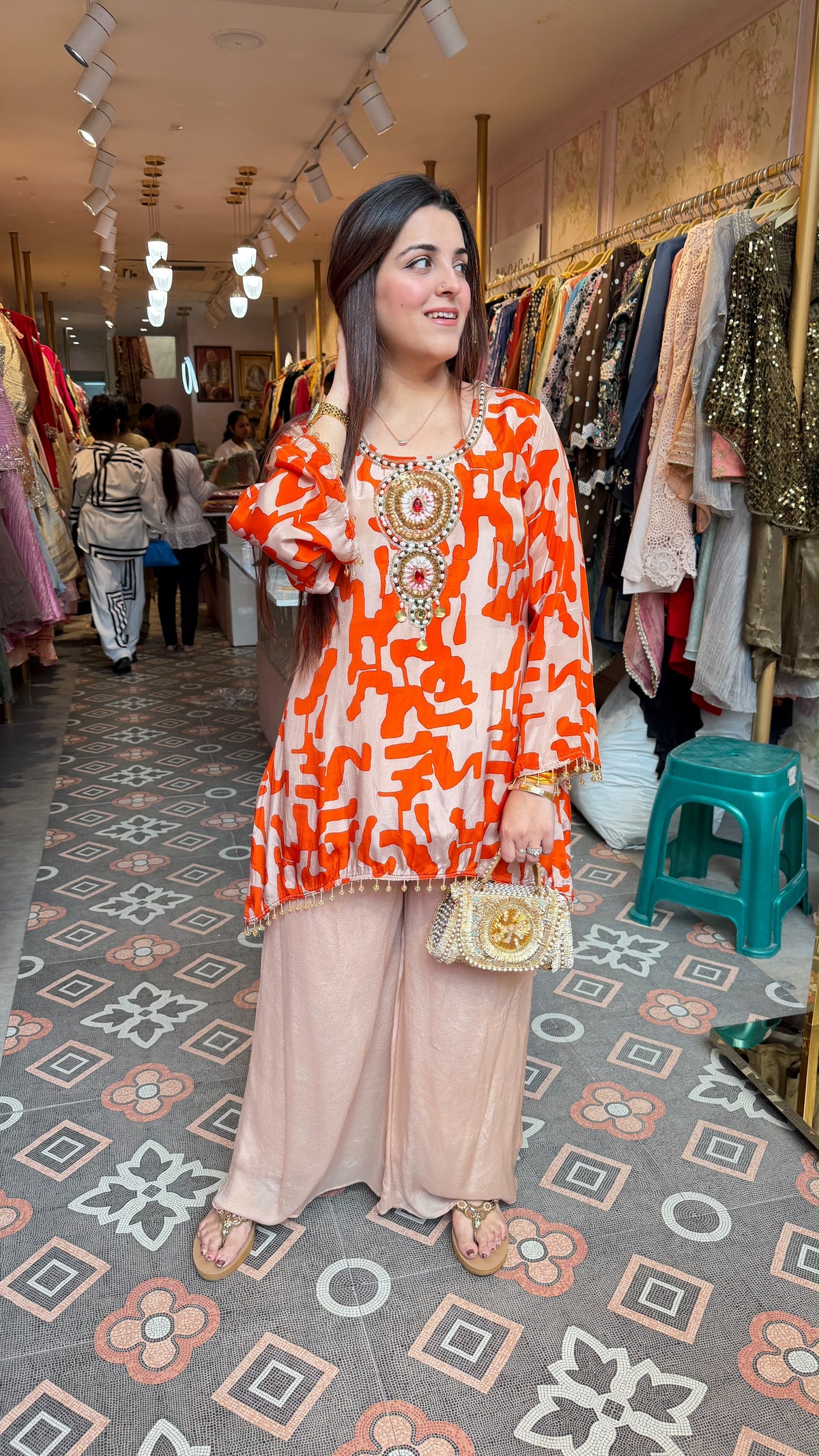 Orange & Peach Printed Short Kurta with Straight Pants Set