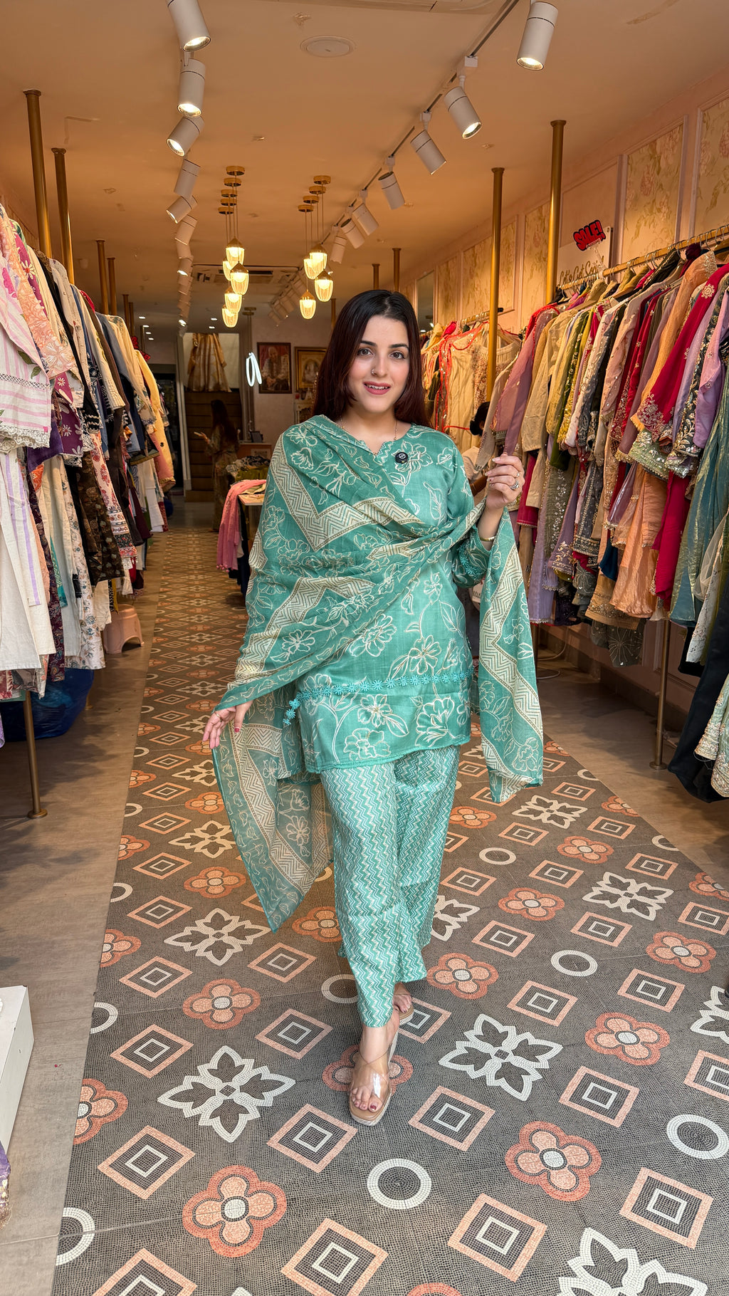 Sea Green Floral Printed Suit Set with Dupatta