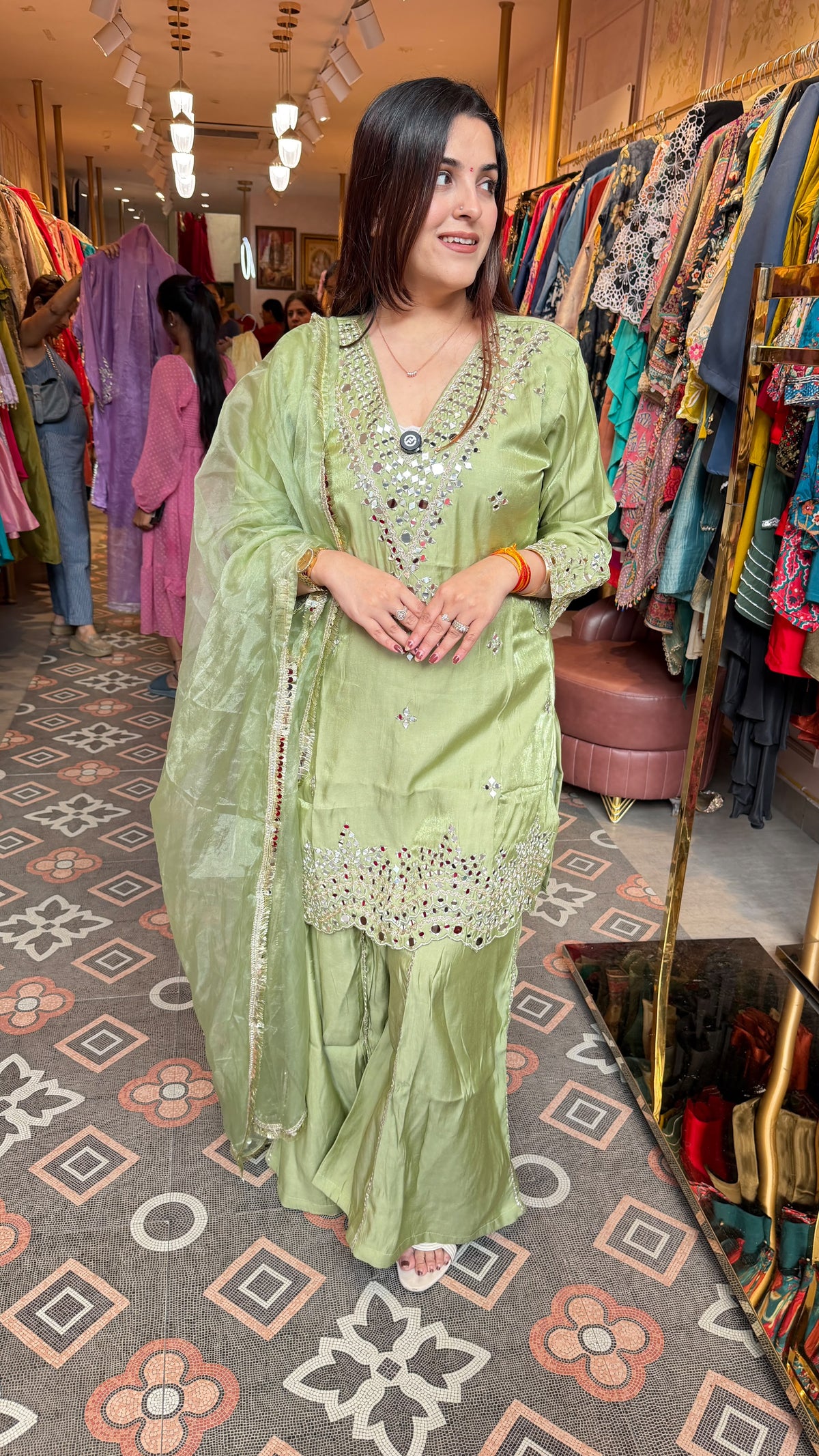 Chikankari-Style Kurta with Palazzo Pants & Dupatta Set