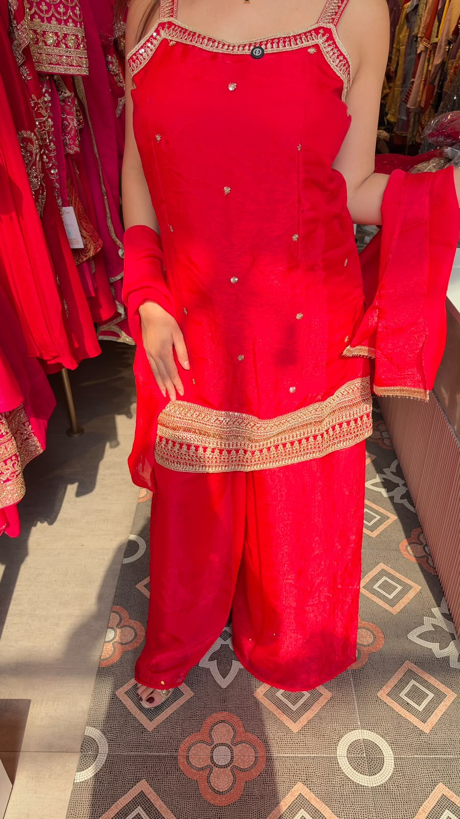 Red Punjabi Sleeveless Kurti with Palazzo suit