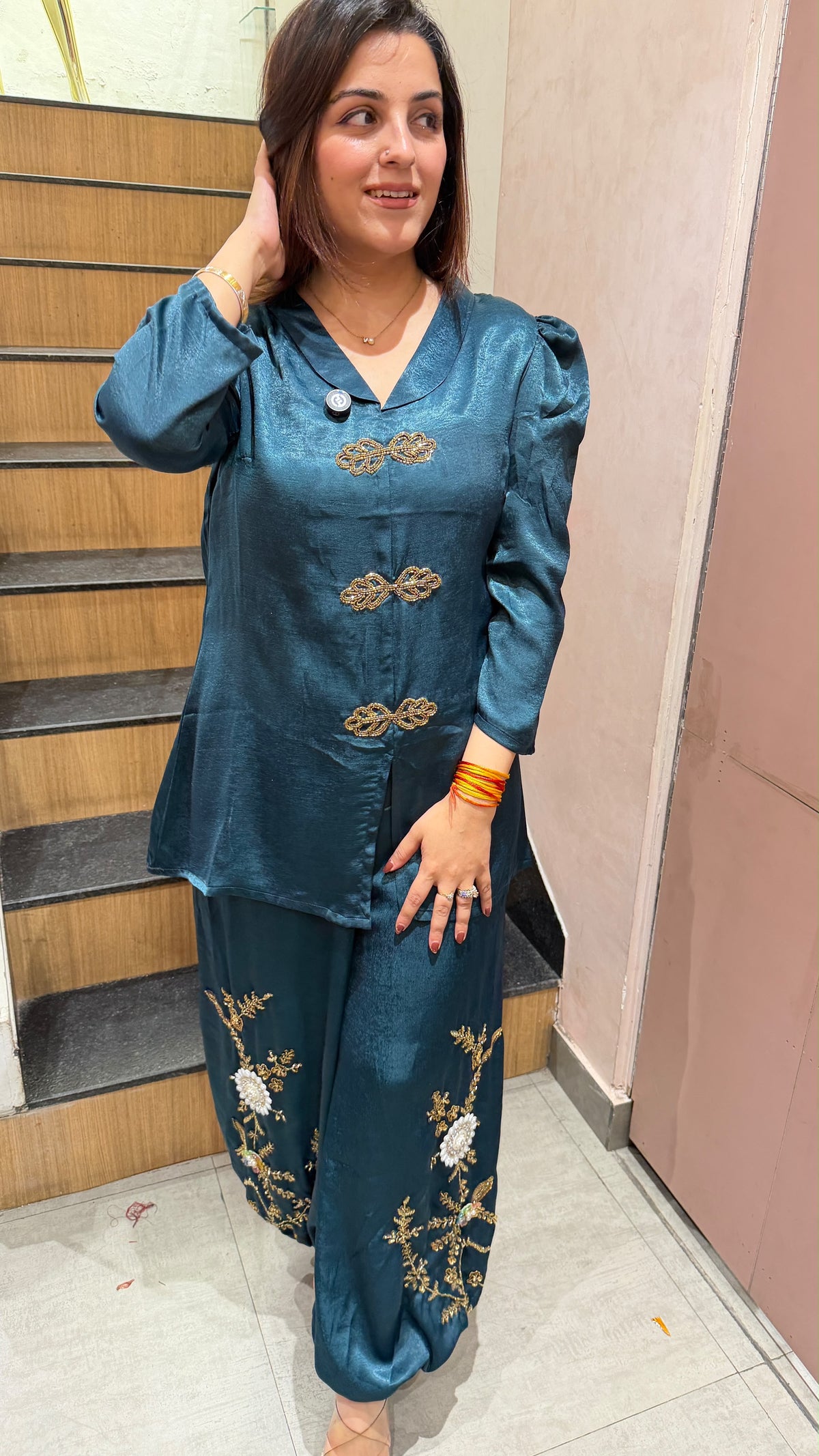 Satin Co-Ord Set with Embroidered Jogger Pants