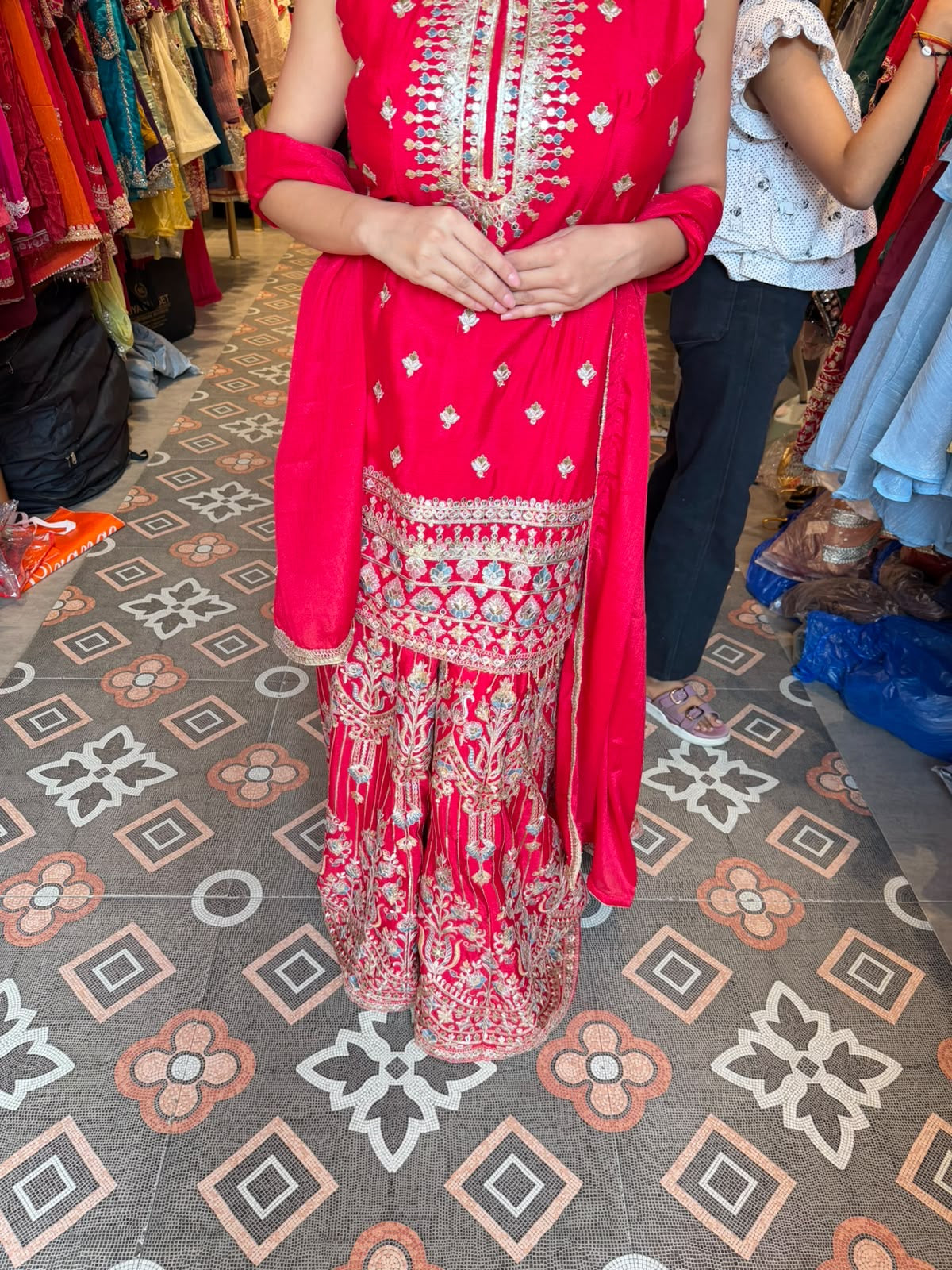 Fuchsia Pink Embroidered Sharara Suit