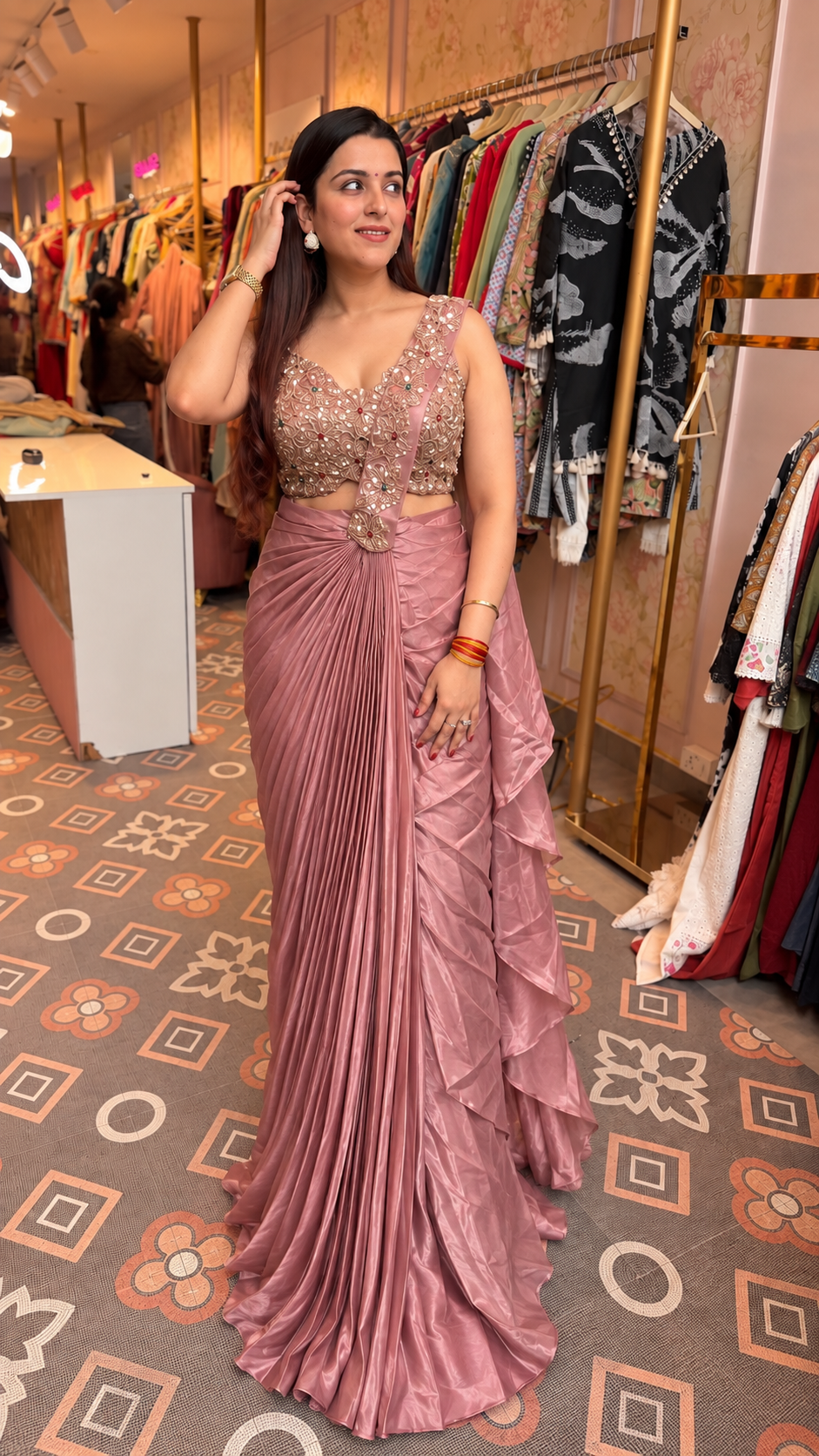 Draped Pre-Pleated Saree with Embellished Blouse