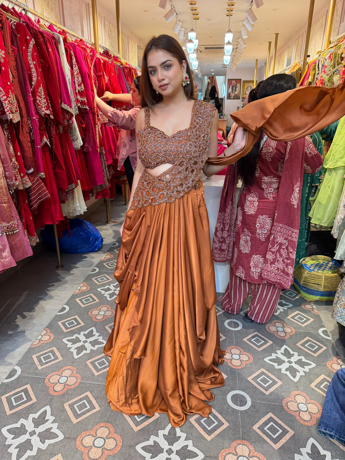Copper Bronze Draped Lehenga with Embellished Asymmetric Blouse