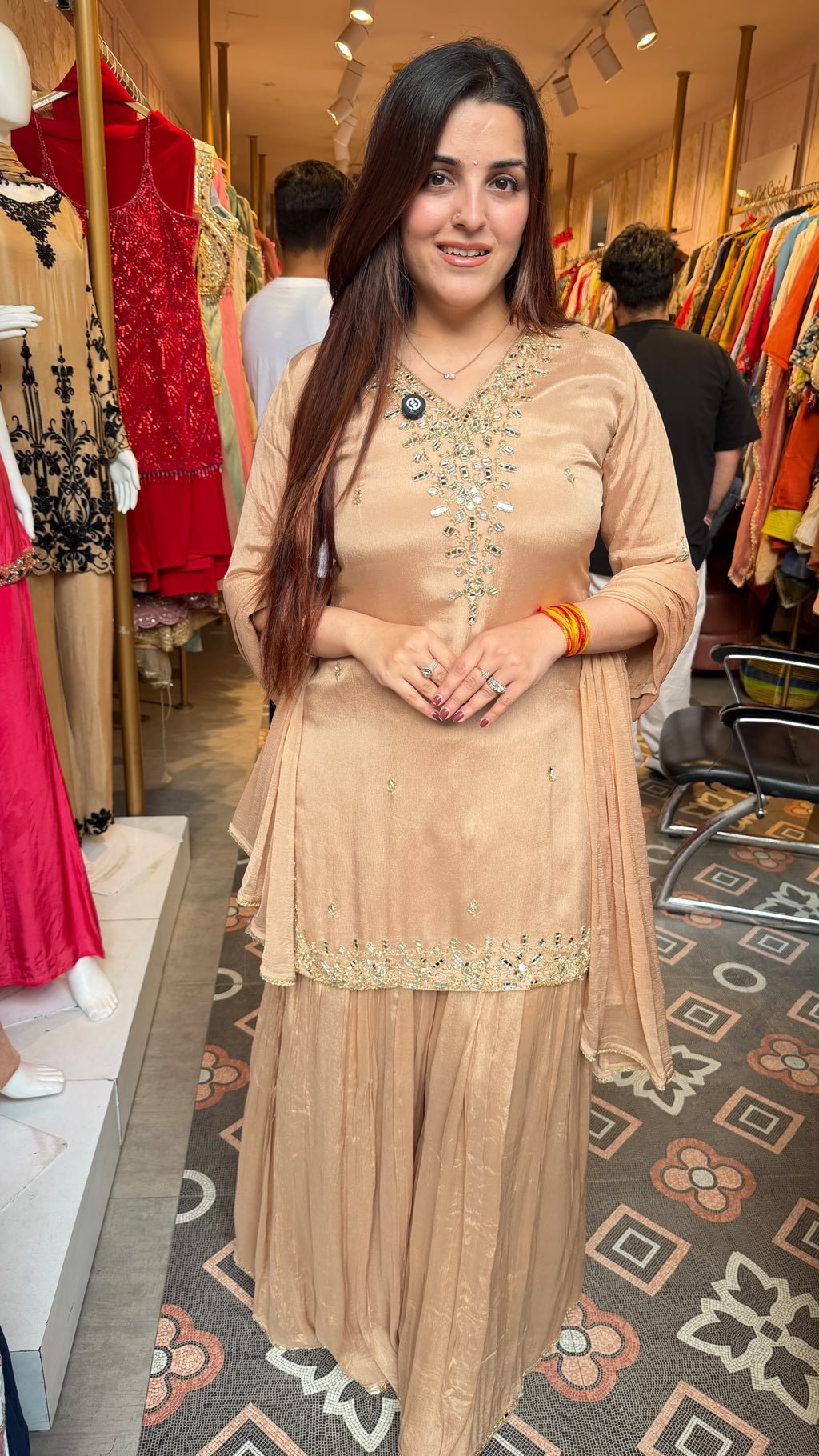 Champagne Beige Embroidered Sharara Set