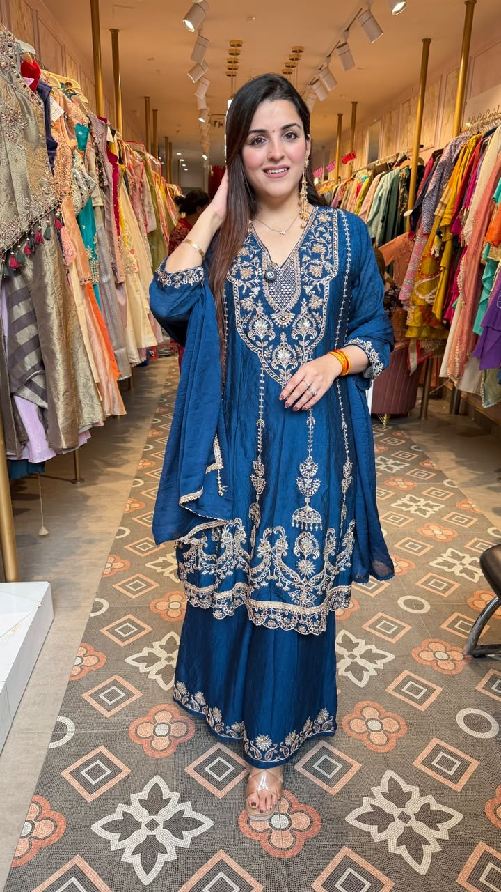 Navy Blue Embroidered Anarkali Kurta Set with Palazzo Pants
